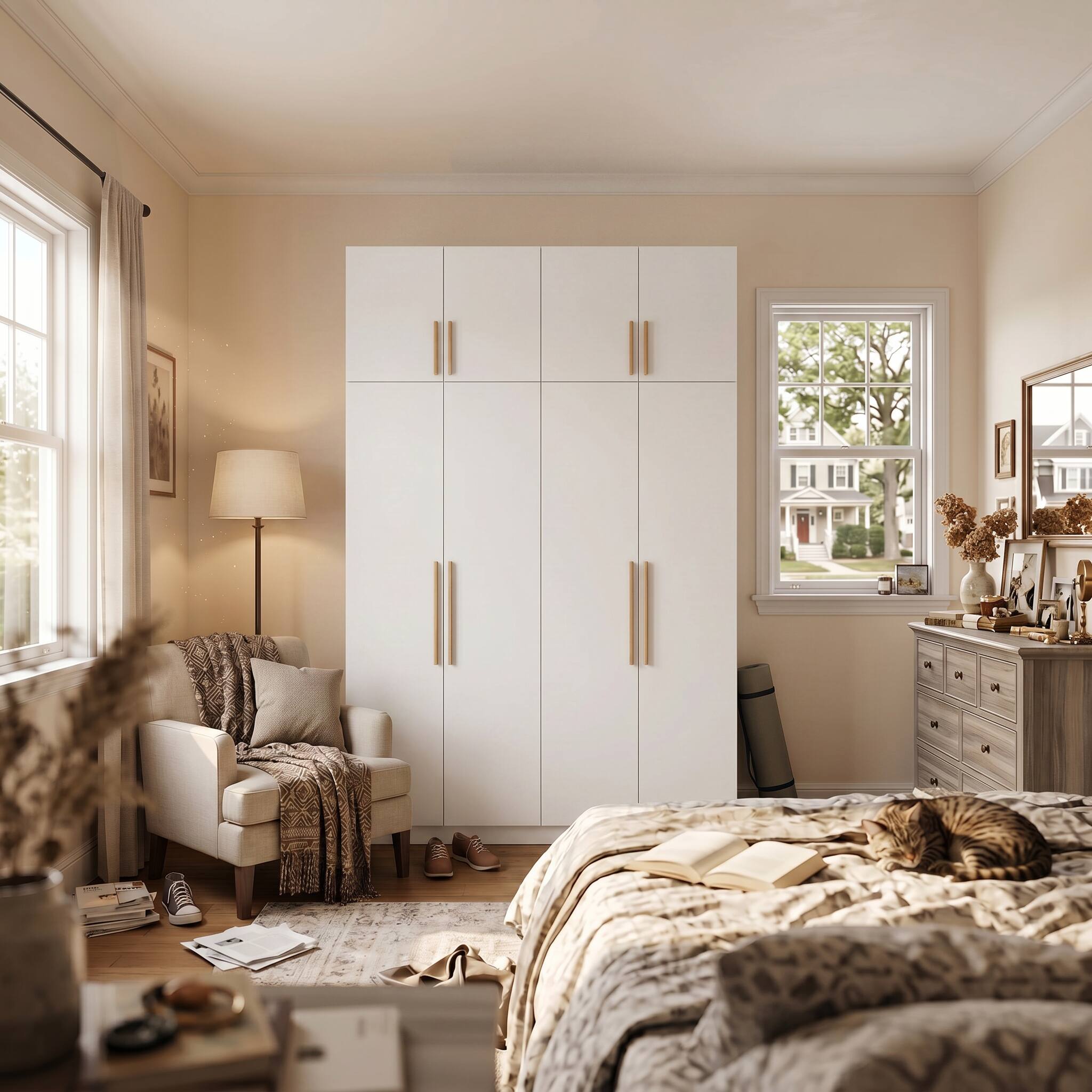 Back. Famapy - 90.6" Tall 4-Door Wardrobe Armoire with Top Cabinets,Large Capacity Bedroom Closet Organizer with Hanging Rod & Shelves. - White.