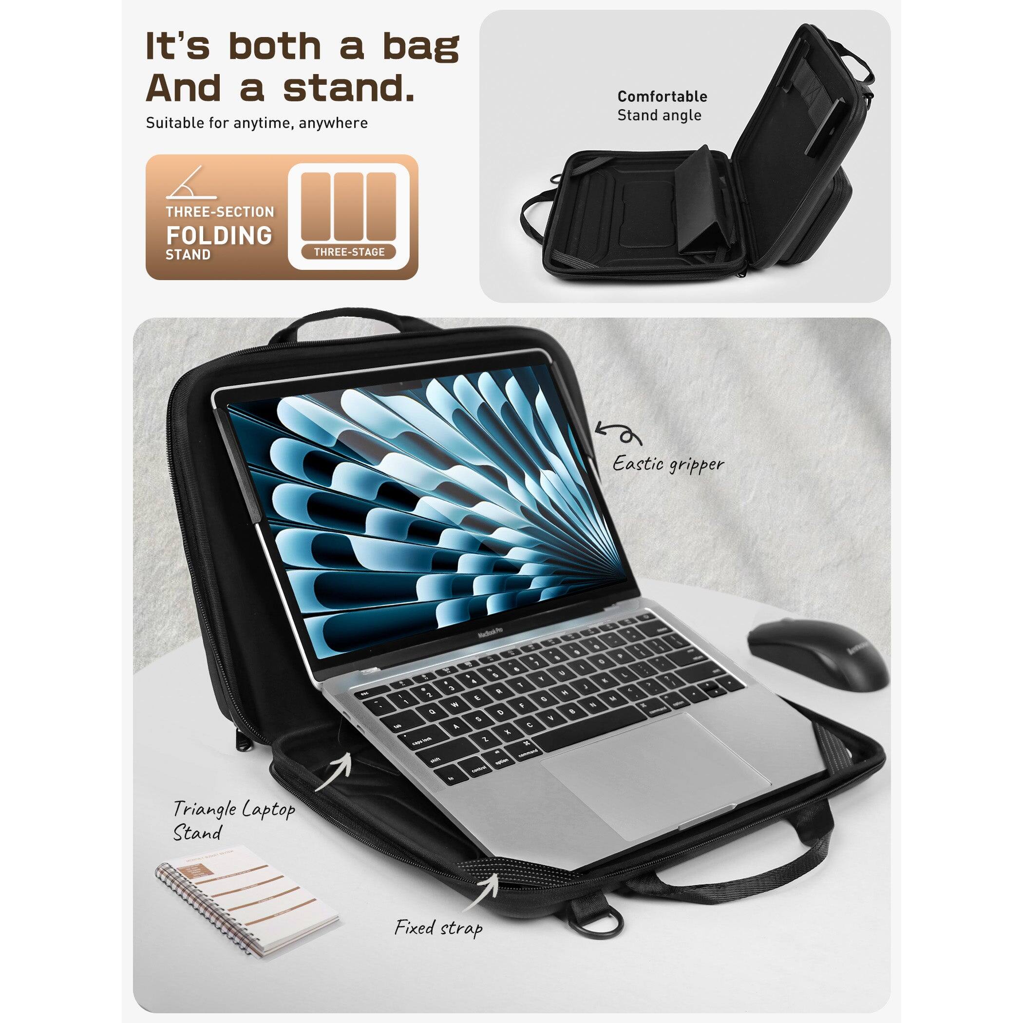 It's both a bag and a stand.  
Suitable for anytime, anywhere  

THREE-SECTION FOLDING STAND  
THREE-STAGE  

Comfortable Stand angle  

Elastic gripper  

Triangle Laptop Stand  

Fixed strap