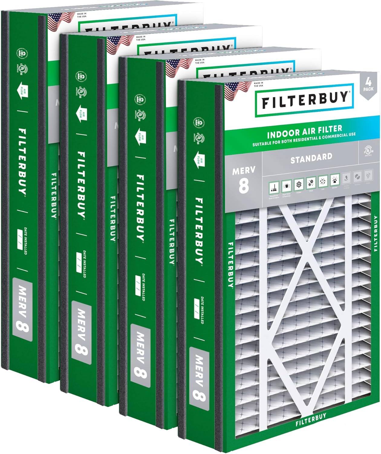 -.. ... 1 MADE ... F MAIS - - ... MmaTa : FILTERBUY'  DATE M DVLEMEIVITED MERV 8 FILTERBUY | FILTERBUY DATE INSTALLED  MERV 8 FILTERBUY SEGe A.. FILTERBUY  DATE INSTALLED  MERV 8 FILTERBUY I 2 FILTERBUY DATE INSTALLED MERV 8 N THEU1E .... 4 PACK FILTERBUY AIR FILTER INDOOR RESIDENTIAL & COMMERCIAL USE FOR BOTH SUITABLE  R STANDARD MERV 8 FILTERBUY FILTERBUY FILTERBUY