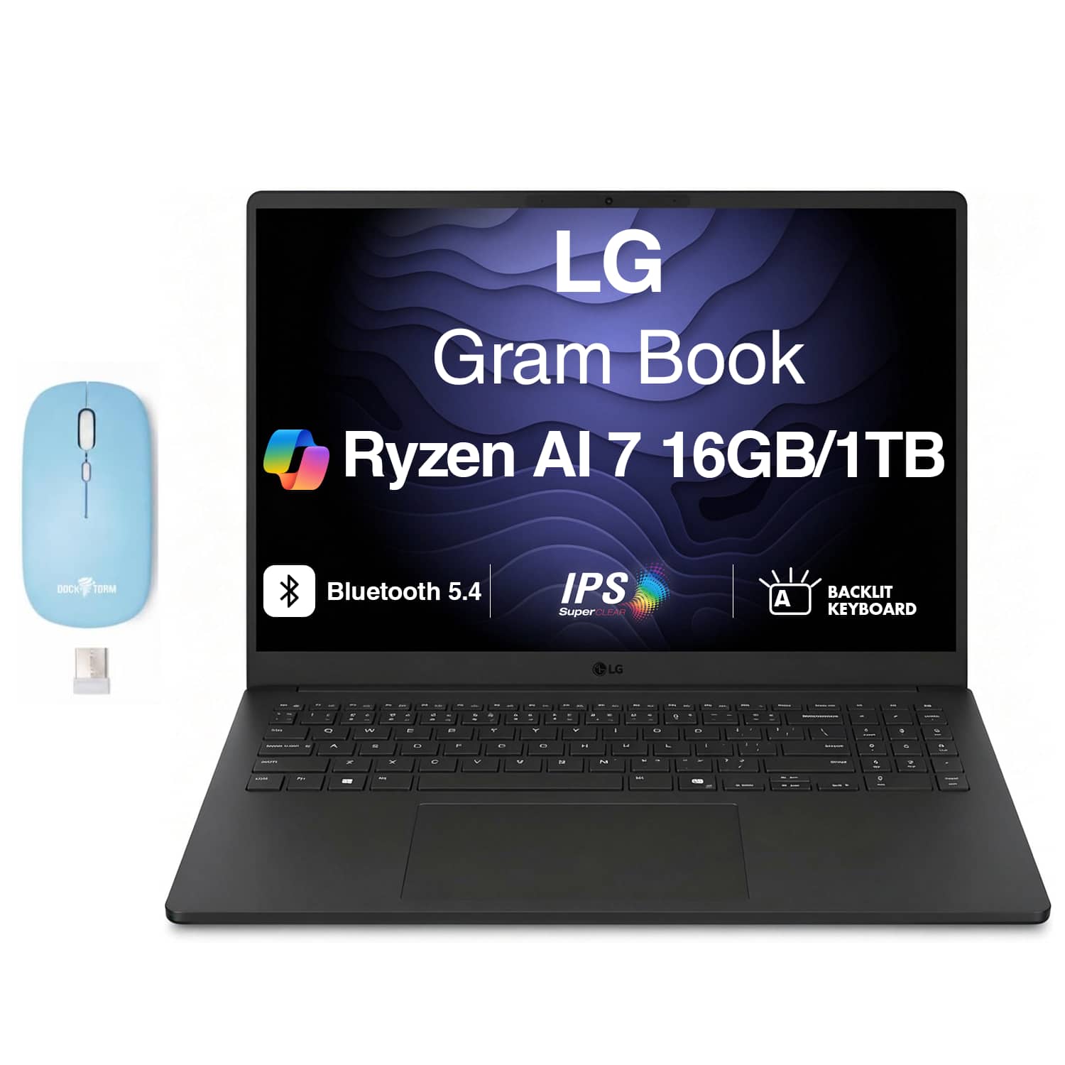 LG - Gram Book AI Powered Laptop 16.0 WUXGA Display (Ryzen AI 7 445, 16GB, 1TB SSD, Win 11 Home) w/Dockztorm Wireless Mouse - Titan Black