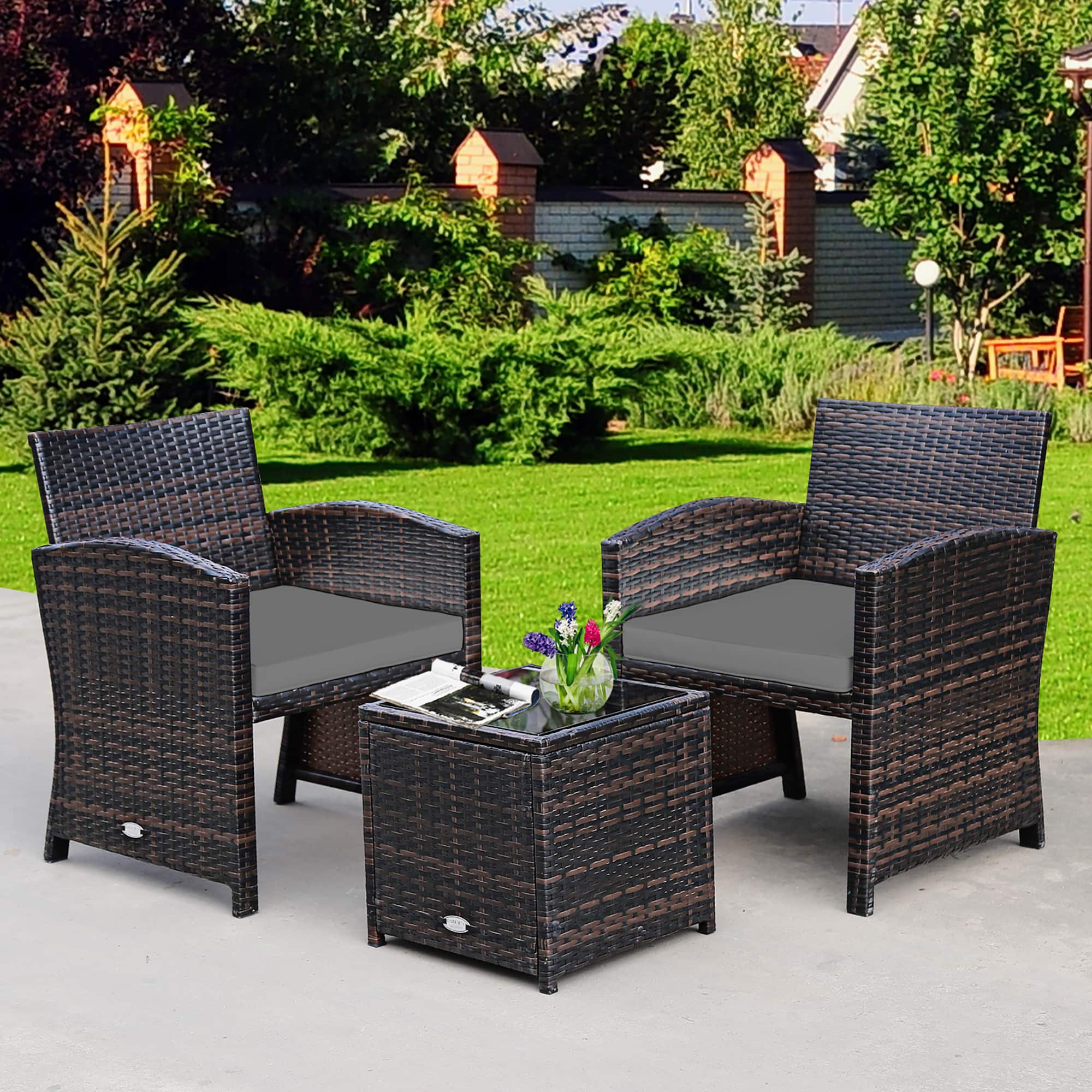 Alt View 1. Costway - 3PCS Patio Rattan Wicker Furniture Cushion Sofa Coffee Table - Gray,Mix brown.