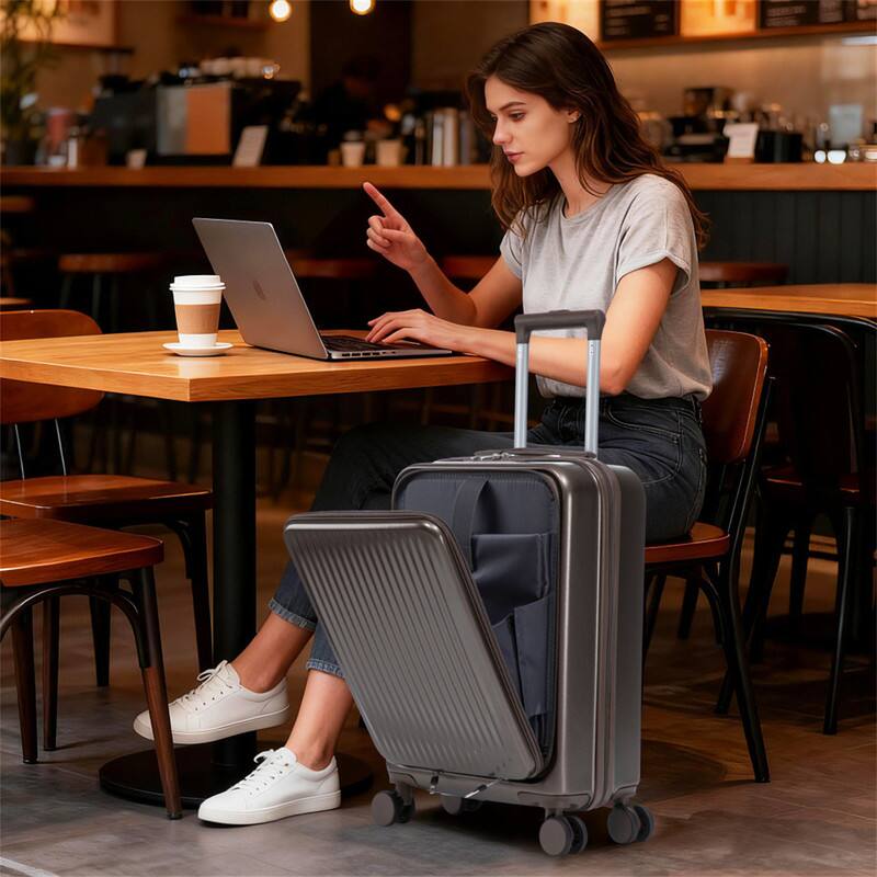 Alt View 8. HTUTWOO - Set of 2 14" Cosmetic Case & 20" Luggage Set with Spinner Wheels - ABS Hardside Suitcase with TSA Lock, Front Opening , - Brown.