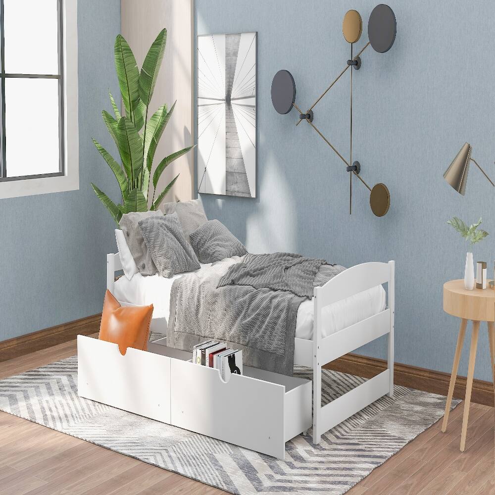 Back. Loheer - Loheer Twin Platform Bed White Pine Wood with 2 Storage Drawers - White.