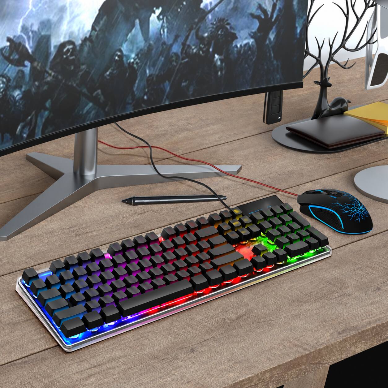 Back. Core Tech - 104-Key Wired Membrane Gaming Keyboard and Optical Mouse Combo with RGB Lighting - Black.