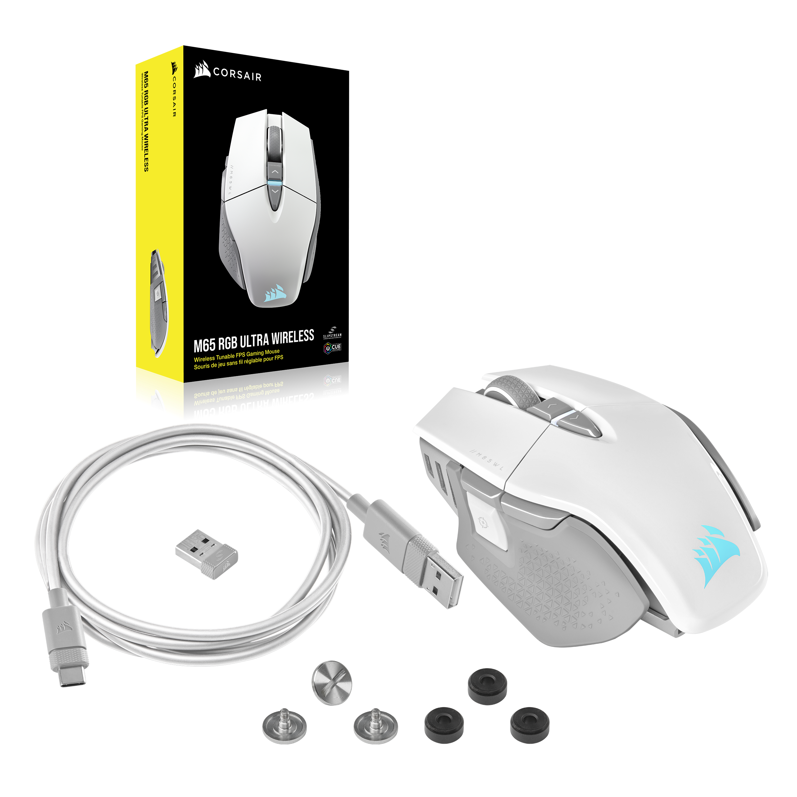 Corsair Wireless Ultra Mouse: A wireless mouse with a USB dongle and a 1.8 meter cable. The mouse is white and has a wired and wireless mode. It is designed for use with a computer and comes with a box and instructions.