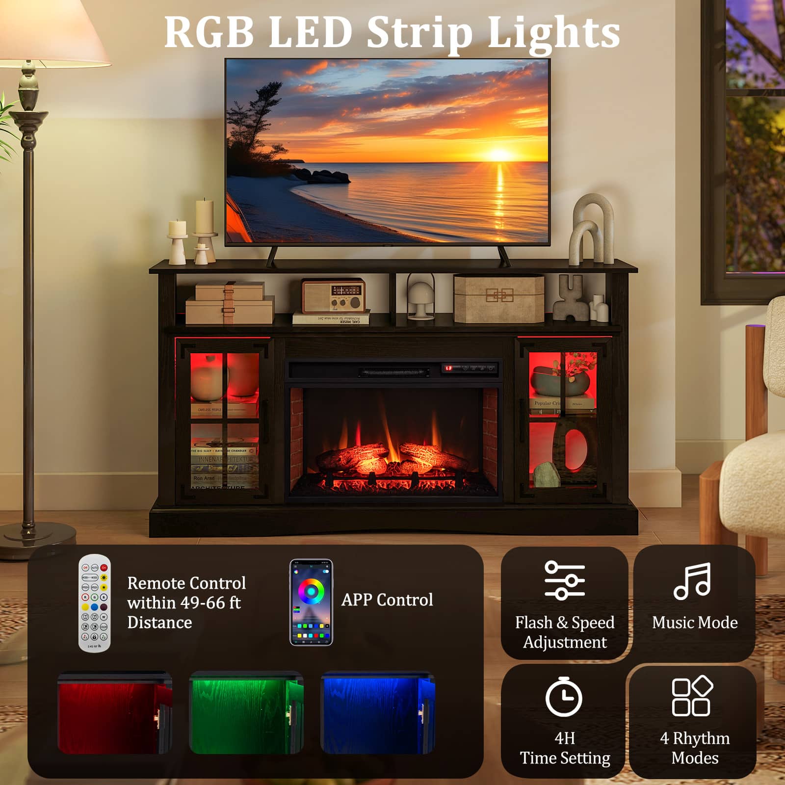 RGB LED Strip Lights - Remote Control within 49-66 ft Distance - APP Control - Flash & Speed Adjustment - Music Mode - 4H Time Setting - 4 Rhythm Modes