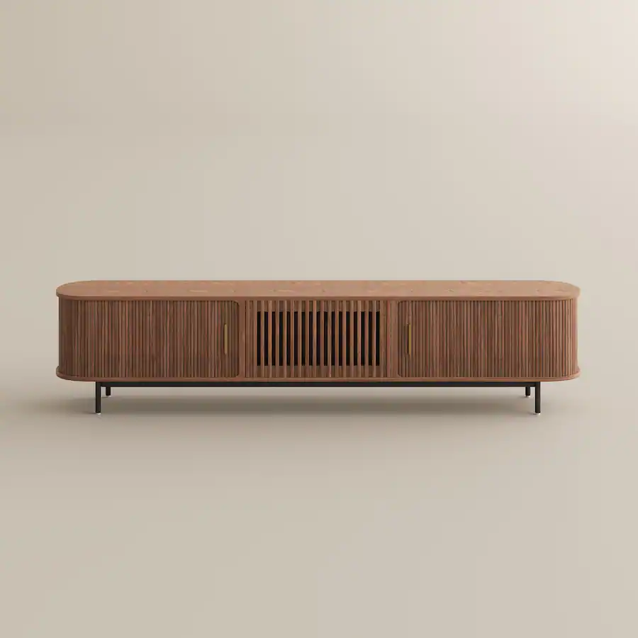 POVISON 94"Mid Century Modern Tambour Door TV Stand Walnut - Best Buy