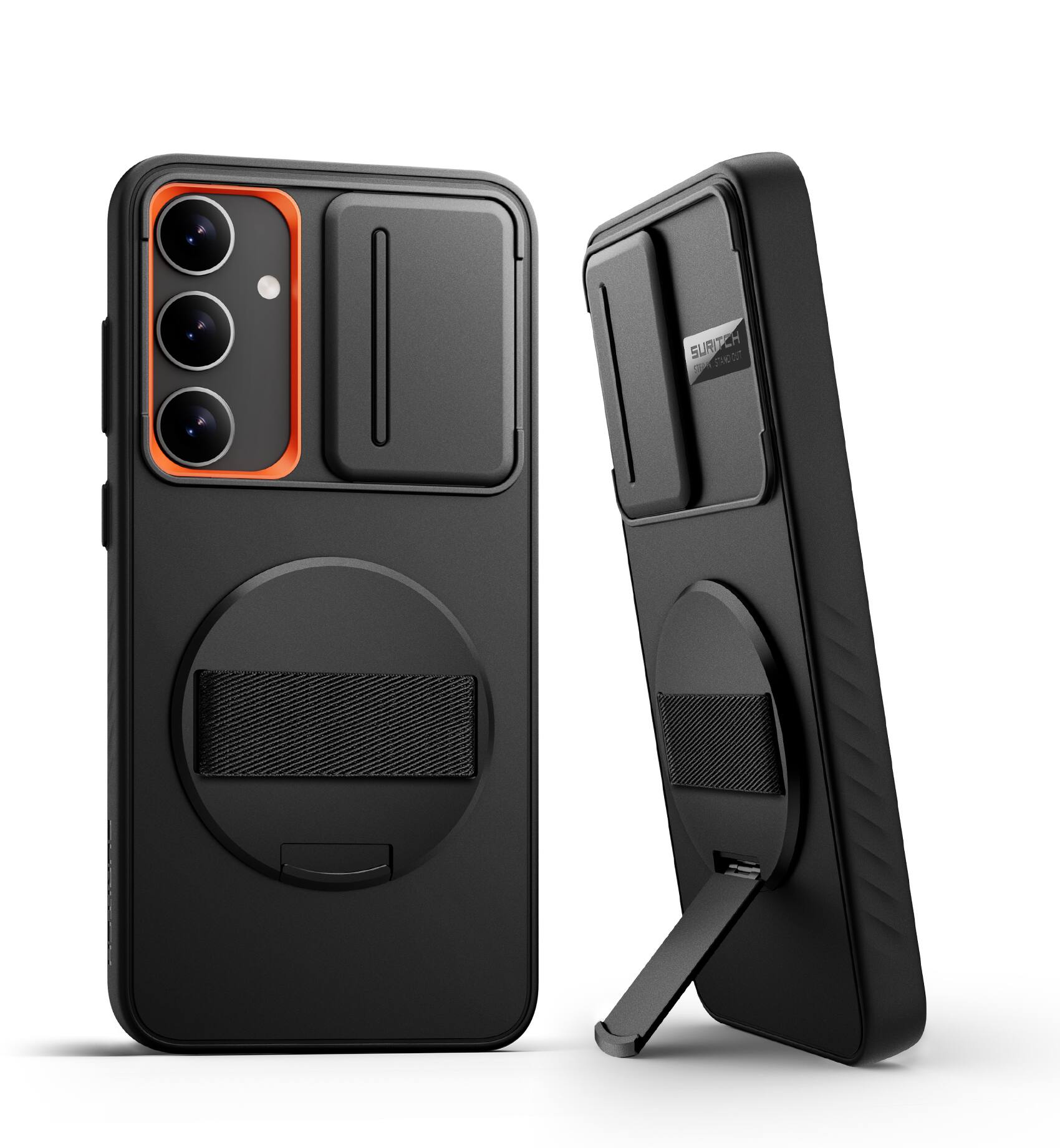 Angle. SURITCH - Case for Samsung Galaxy S24+ Plus with 360° Rotatable Hand Strap, Invisible Kickstand, Camera Cover, Rugged Shockproof - Black.