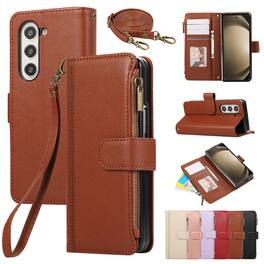 Dteck - Crossbody Wallet Case for Samsung Galaxy Z Fold7 with Zipper Pocket, Premium Shockproof PU Leather TPU Protective Cover - Brown