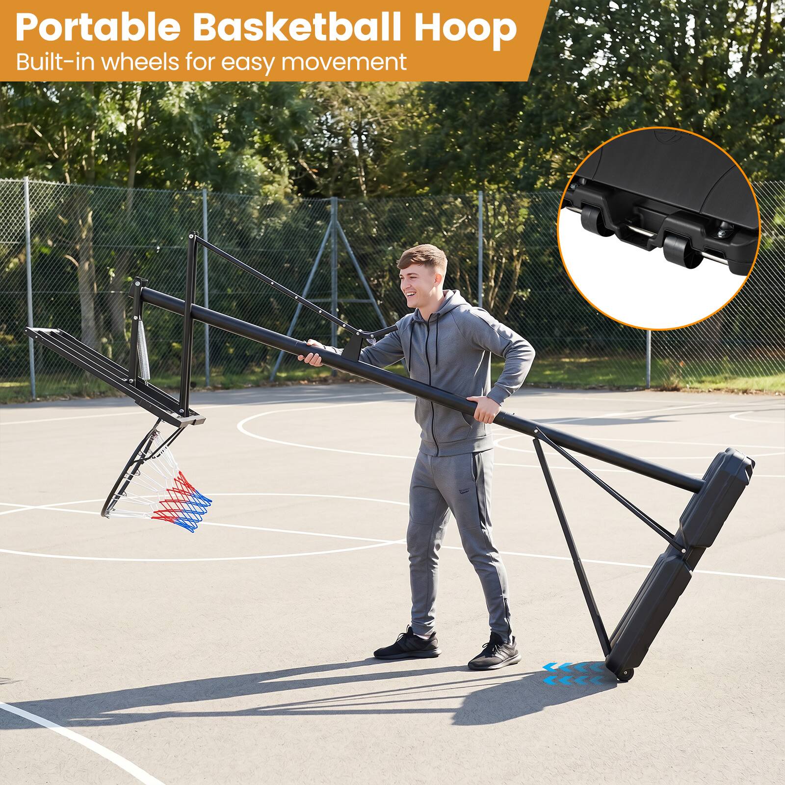 Portable Basketball Hoop  
Built-in wheels for easy movement