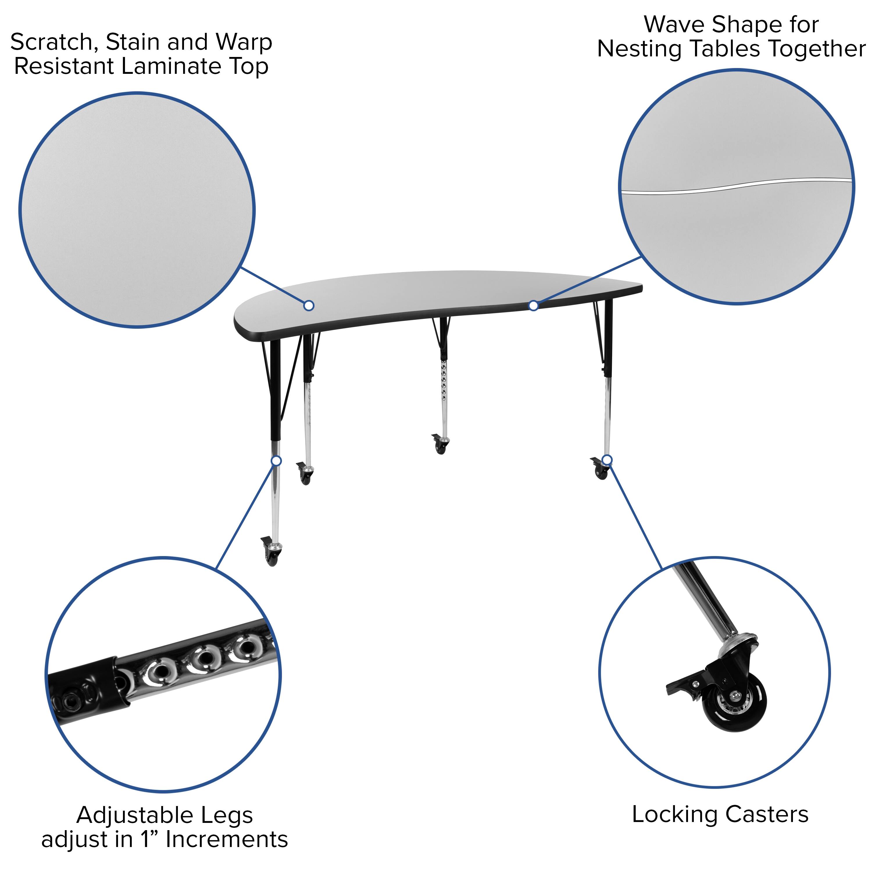 Scratch, Stain and Warp Resistant Laminate Top

Wave Shape for Nesting Tables Together

Adjustable Legs adjust in 1" Increments

Locking Casters