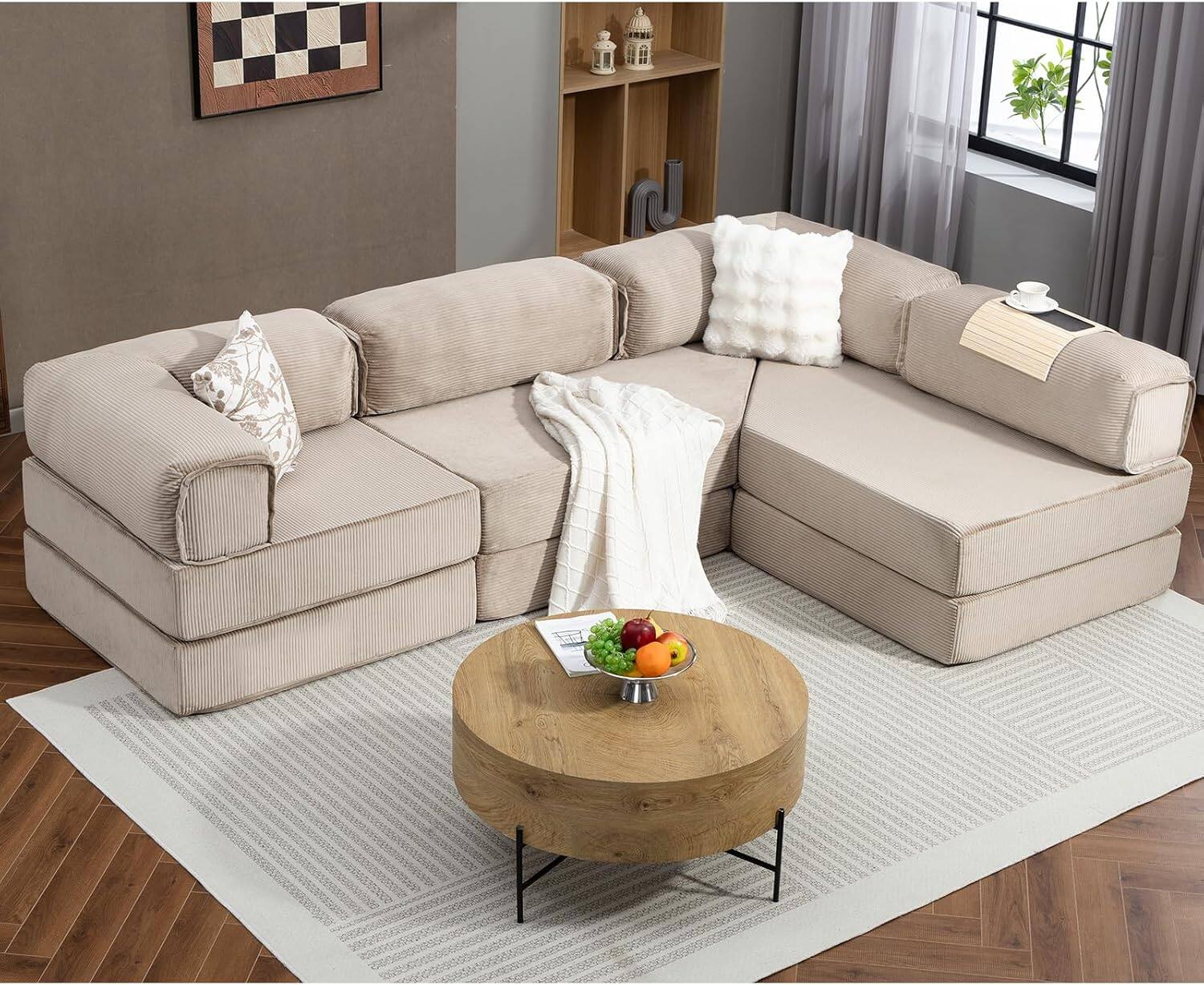 Angle. Yardgrace - 108" L-Shaped Modular Sectional Sofa, Cloud Deep Seat Chaise with Removable Pillow, No Assembly Required - Camel.