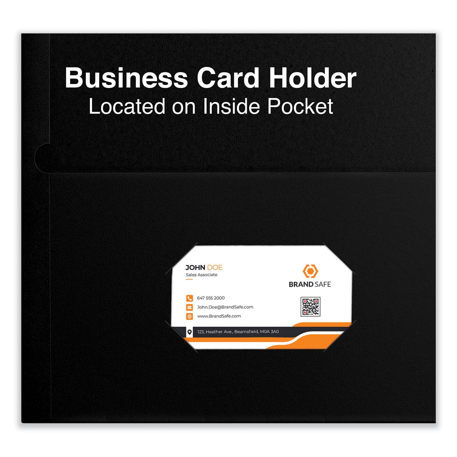 Business Card Holder  
Located on Inside Pocket  

JOHN DOE  
Sales Associate  

647 555 2000  
John.Doe@BrandSafe.com  
www.BrandSafe.com  

125, Heather Ave.  
Beamsfield, MOA 3A0  

BRAND SAFE  
BrandSafe.com