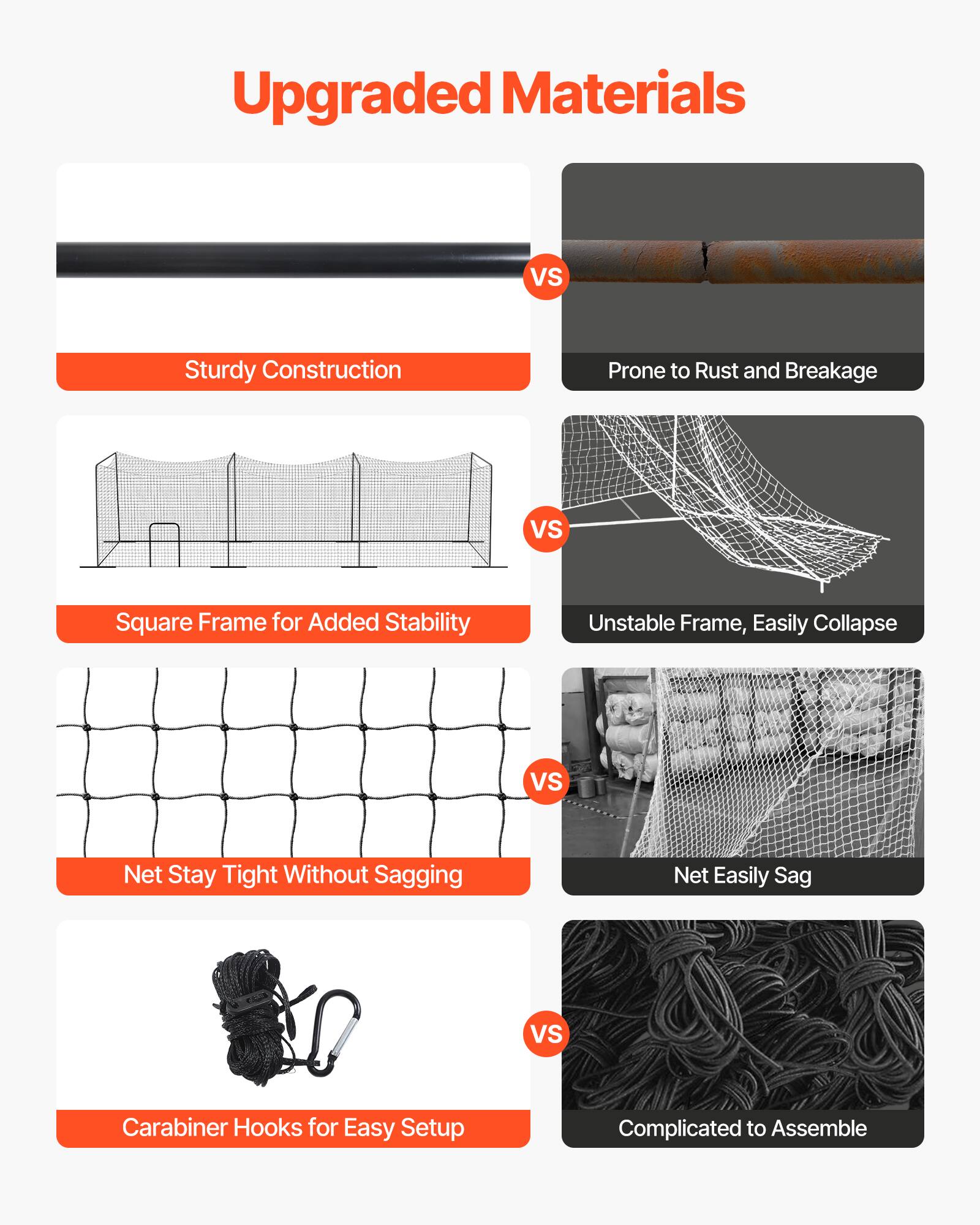 Upgraded Materials  
- Sturdy Construction  
  vs  
  Prone to Rust and Breakage  

- Square Frame for Added Stability  
  vs  
  Unstable Frame, Easily Collapse  

- Net Stay Tight Without Sagging  
  vs  
  Net Easily Sag  

- Carabiner Hooks for Easy Setup  
  vs  
  Complicated to Assemble