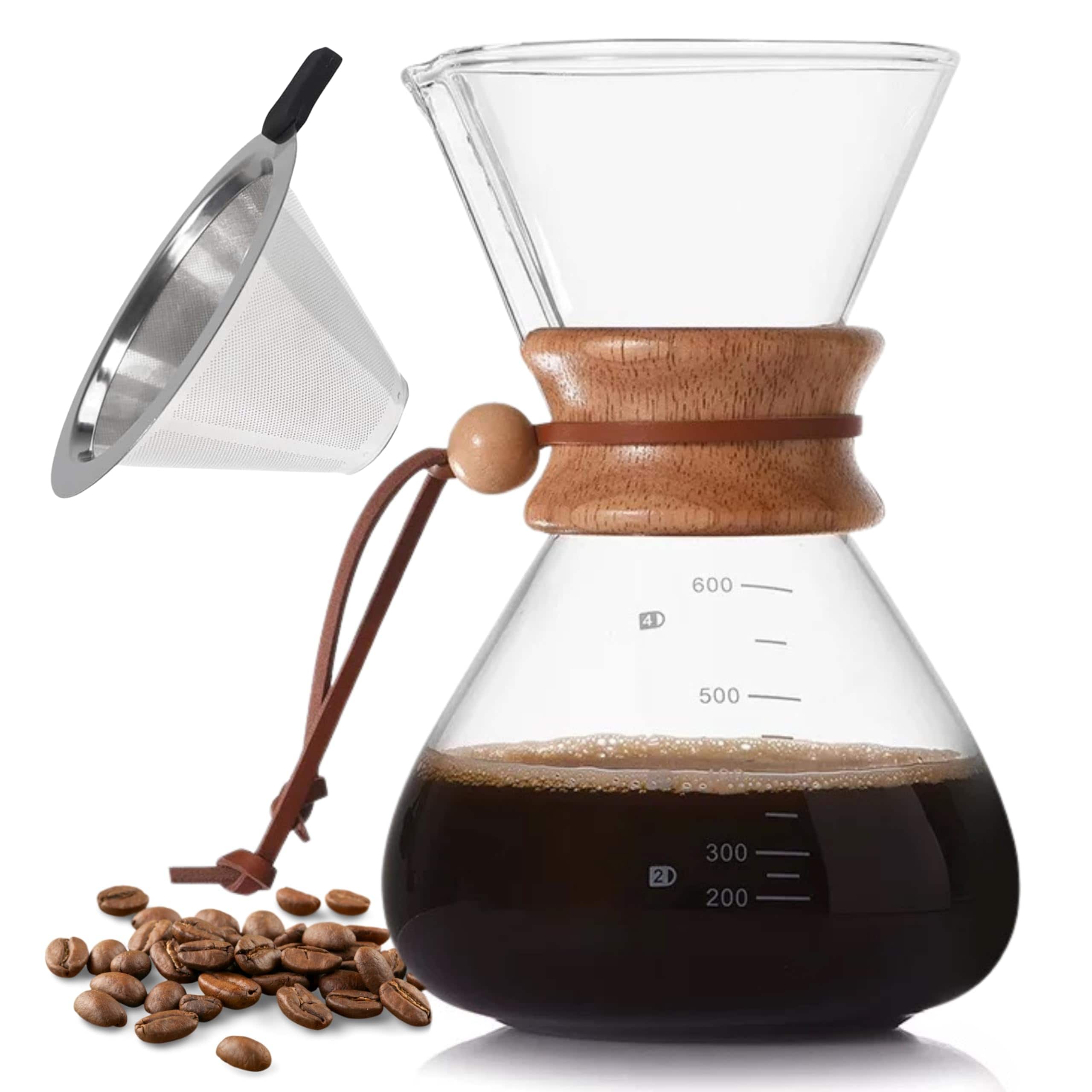 Dapper Styles - Pour Over Borosilicate Glass Coffee Maker With Stainless Steel Filter And Wooden Collar Holder Carafe Brewe - Default