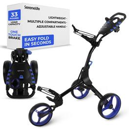 SereneLife - SLG3W 3-Wheel Golf Push Cart, Lightweight Aluminum, Adjustable Handle, Quick-Fold, Storage Holders - Blue