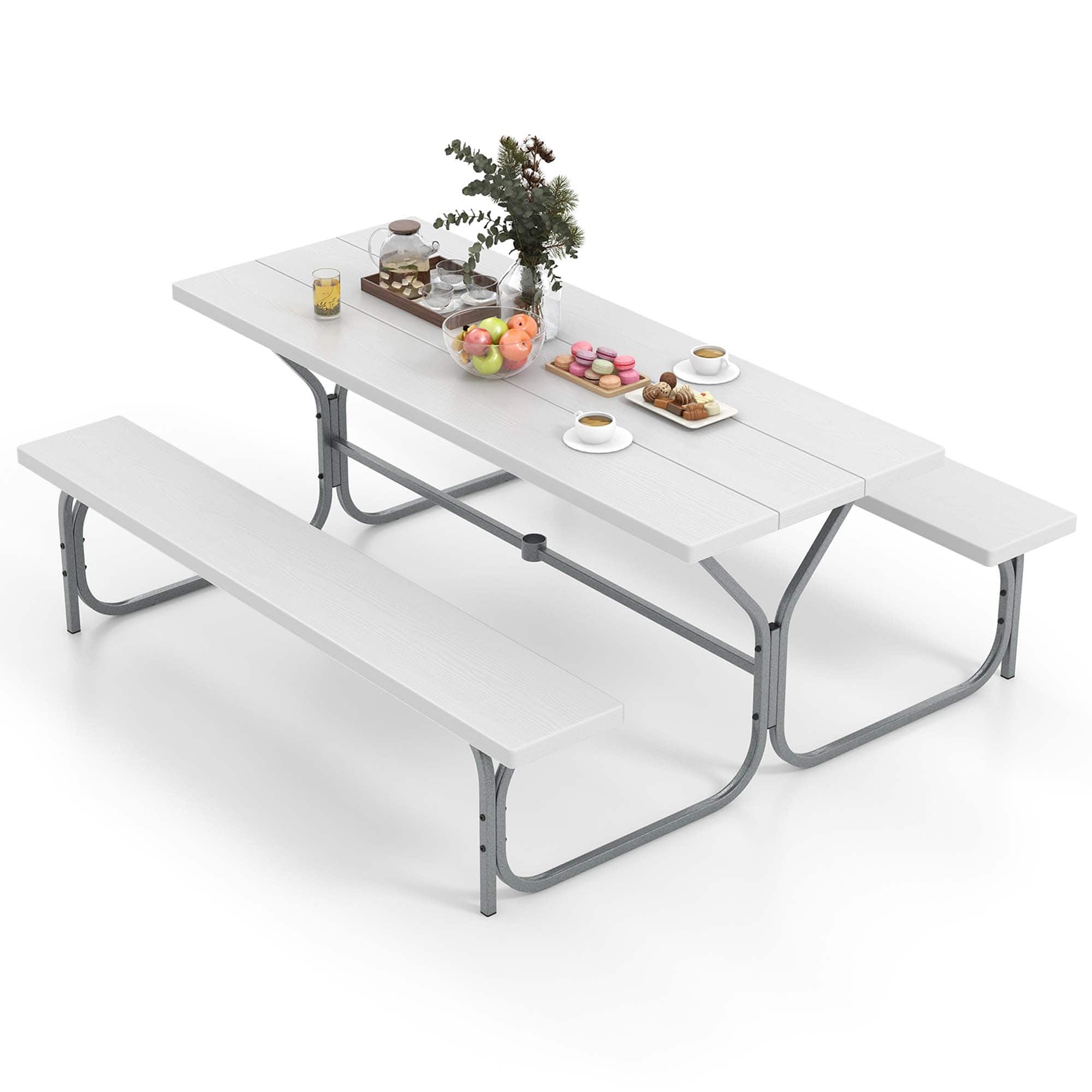 Costway - 6 FT Picnic Table Bench Set Outdoor Dining Table & 2 Benches with Metal Frame - White