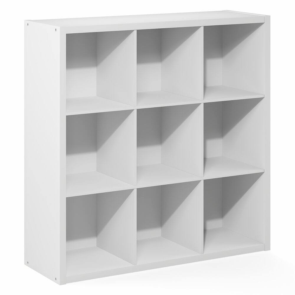 Left. Furinno - CUBICLE Book Shelf, 9-Cube Bookshelf, Bookcase, Reversible, Closed Back, Extra Thick Frame, 14.6 x 43.8 x 43.8 - White.