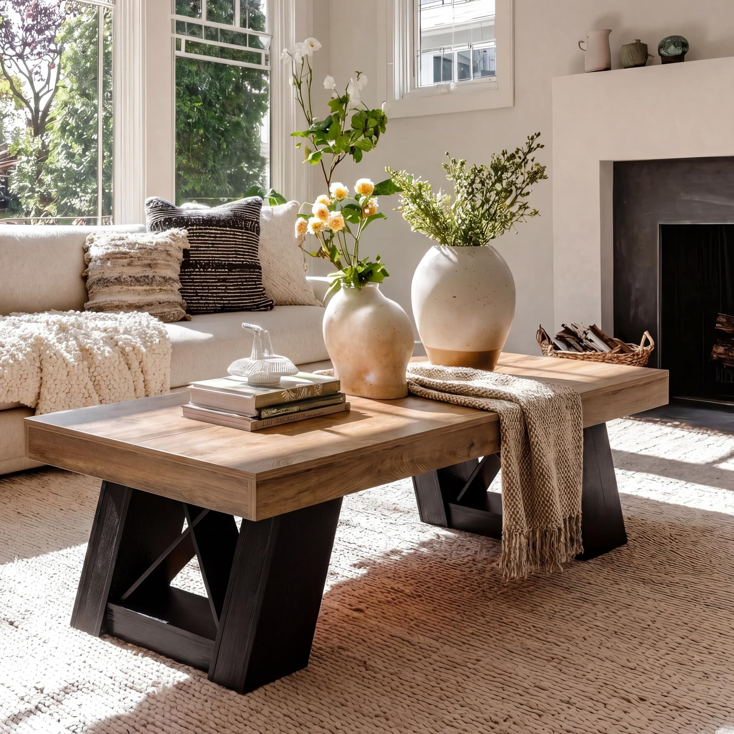 Left. Tribesigns - 55" Extra Large Rectangle Coffee Table for Living Room - Rustic Brown & Black.