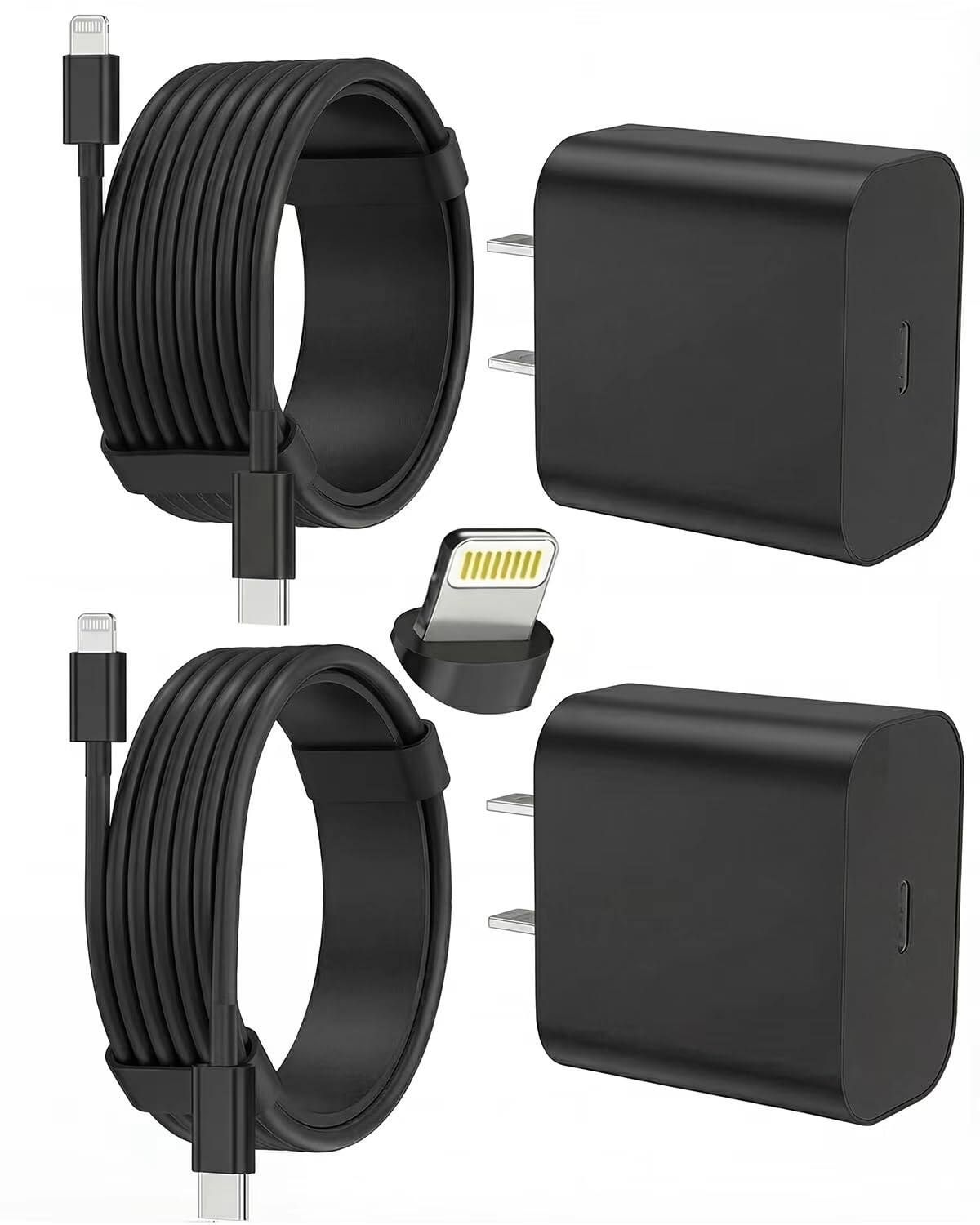 Luckbyte - 2 Pack USB C Wall Charger Set with 6FT and 10FT 8-Pin Cables, 12W 5V 3A Power Adapter, Black