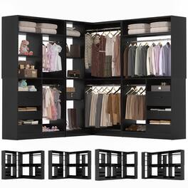 Aheaplus - 6-9 FT L-Shaped Walk-In Closet with 6 Drawers, 6 Hanging Rods & Open Shelves, Heavy Duty Bedroom Wardrobe - Black