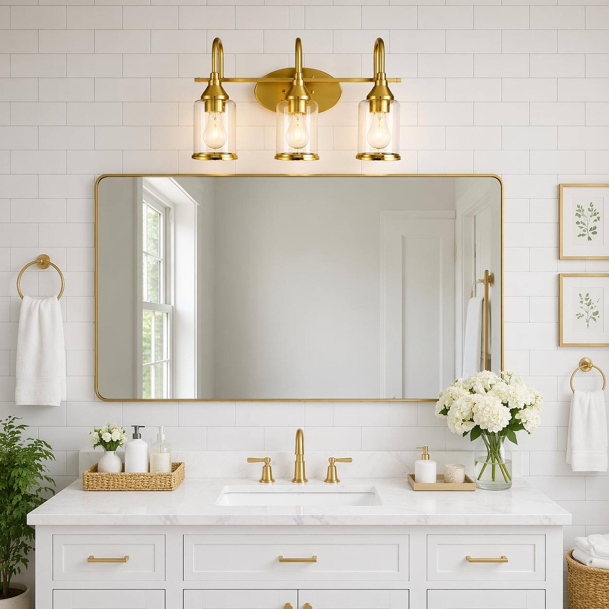 Angle. RYHNUYNE - Twilight 22-Inch Brushed Gold 3-Light Vanity Bar with Clear Glass Shades for Bathroom, Bedroom, Foyer, Hall, Kitchen.