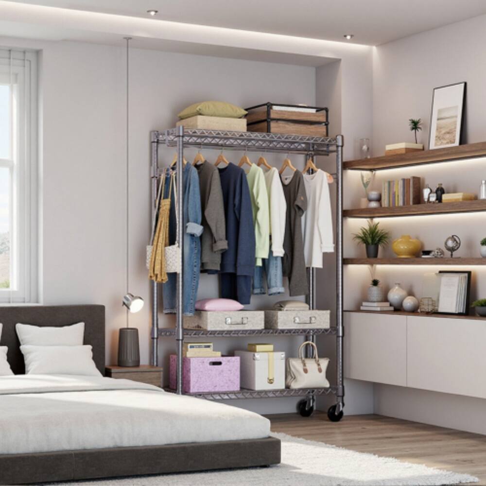 Left. LUCKY ONE - 75.6" H Heavy Duty Rolling Garment Rack w/ 1 Rod Adjustable Shelves 3-Tier - Chrome.