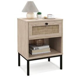 Costway - Rattan Nightstand Boho End Table with Drawer & Open Shelf for Living Room - Oak