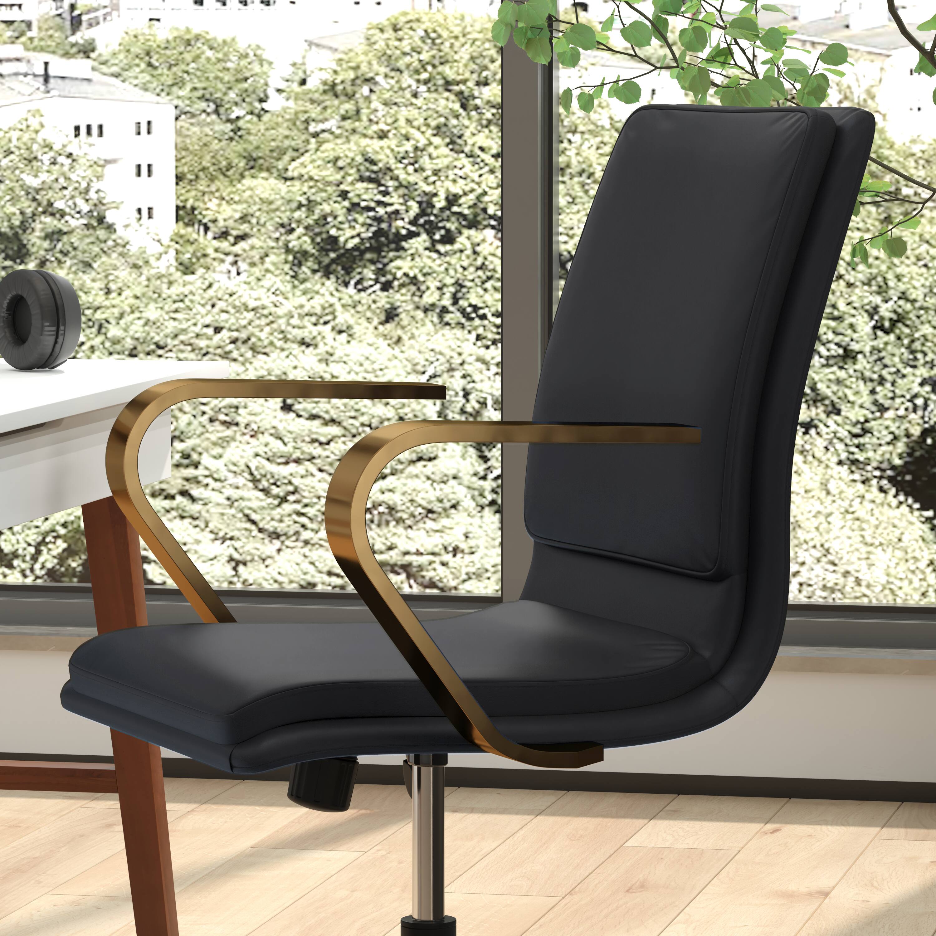 Alt View 4. Emma + Oliver - Ziva Modern Upholstered Mid-Back Home Office Chair with Arms and 5 Star Base - Black LeatherSoft/Gold Frame.