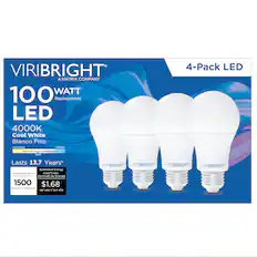VIRIBRIGHT
A MATRIX COMPANY
100 WATT Replacement LED
4000K Cool White Blanco Frio
4-Pack LED
Lasts 13.7 Years*
Brightness/Brillo: 1500 lumens
Estimated Energy Cost/Costo Estimado de Energía: $1.68 per year/por año
www.CalidaCooct-na
VIRIBRIGHT
VIRIBRIGHT
VIRIBRIGHT
VIRIBRIGHT
