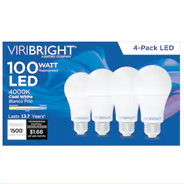 VIRIBRIGHT - A19 LED Bulb, 100W, Dimmable, 1600 Lumens, 4000K (4 Pack) - White