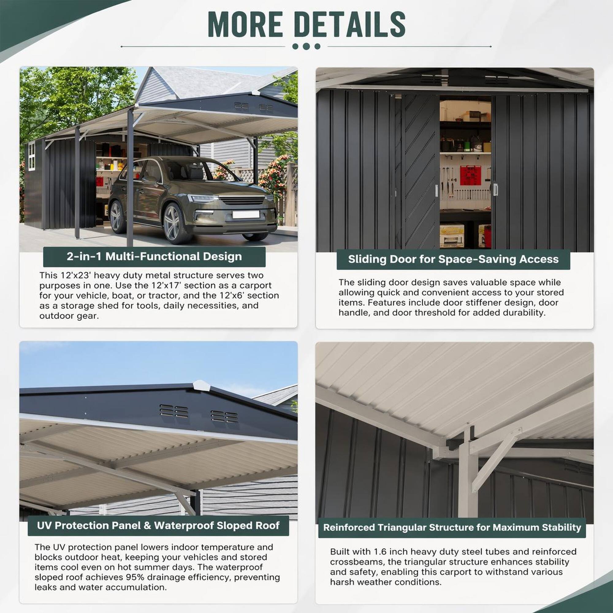 RYHNUYNE 12x23 ft Carport Shed Combo Steel Garage Sliding Door UV ...