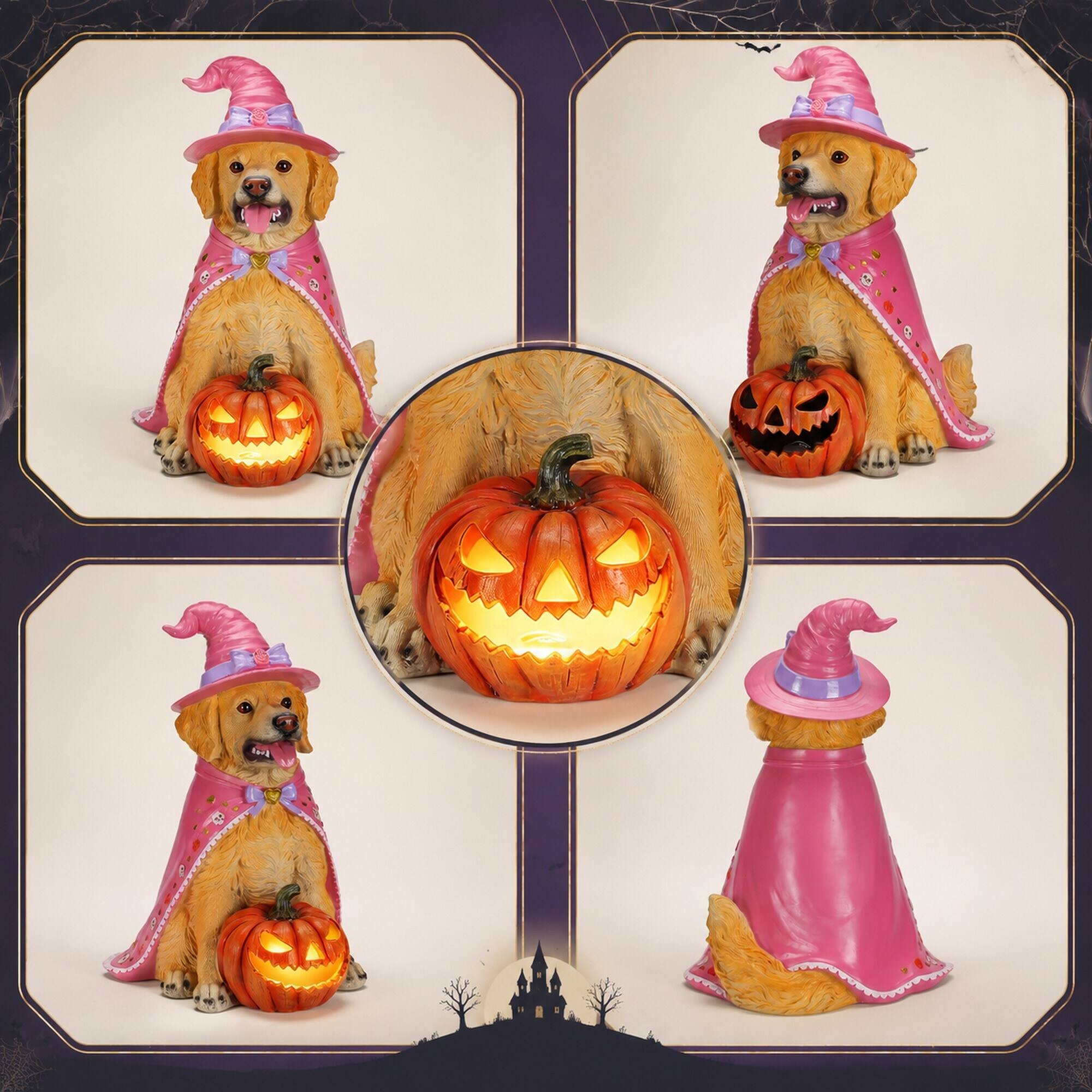 Alt View 5. RYHNUYNE - Halloween Golden Retriever Dog Statue with Pink Witch Hat and Cape, Large Lighted Jack-O-Lantern Pumpkin - Brown.