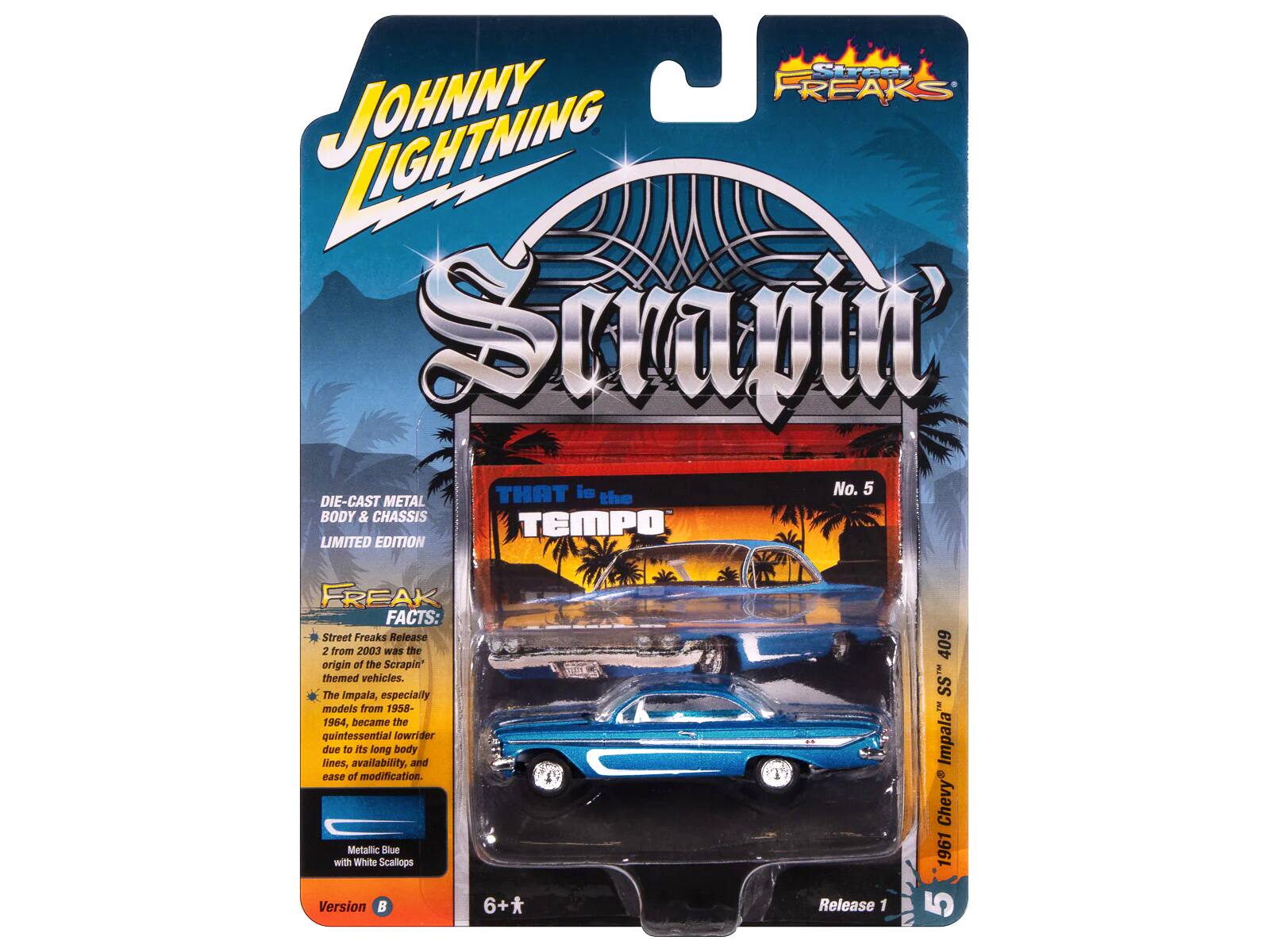 Street FREAKS LIGHTNING JOHNNY Scrapt THAT is No. 5 DIE-CAST METAL the BODY & CHASSIS TEMPO LIMITED EDITION FREAK FACTS: Street Freaks Release 2 from 2003 was the origin of the Scrapin' themed vehicles. The Impala, especially models from 1958-1964, became the quintessential lowrider due to its long body lines, availability, and ease of modification. Metallic Blue with White Scallops Version B 6+ Release 1 409 SS Impala Chevy 1961