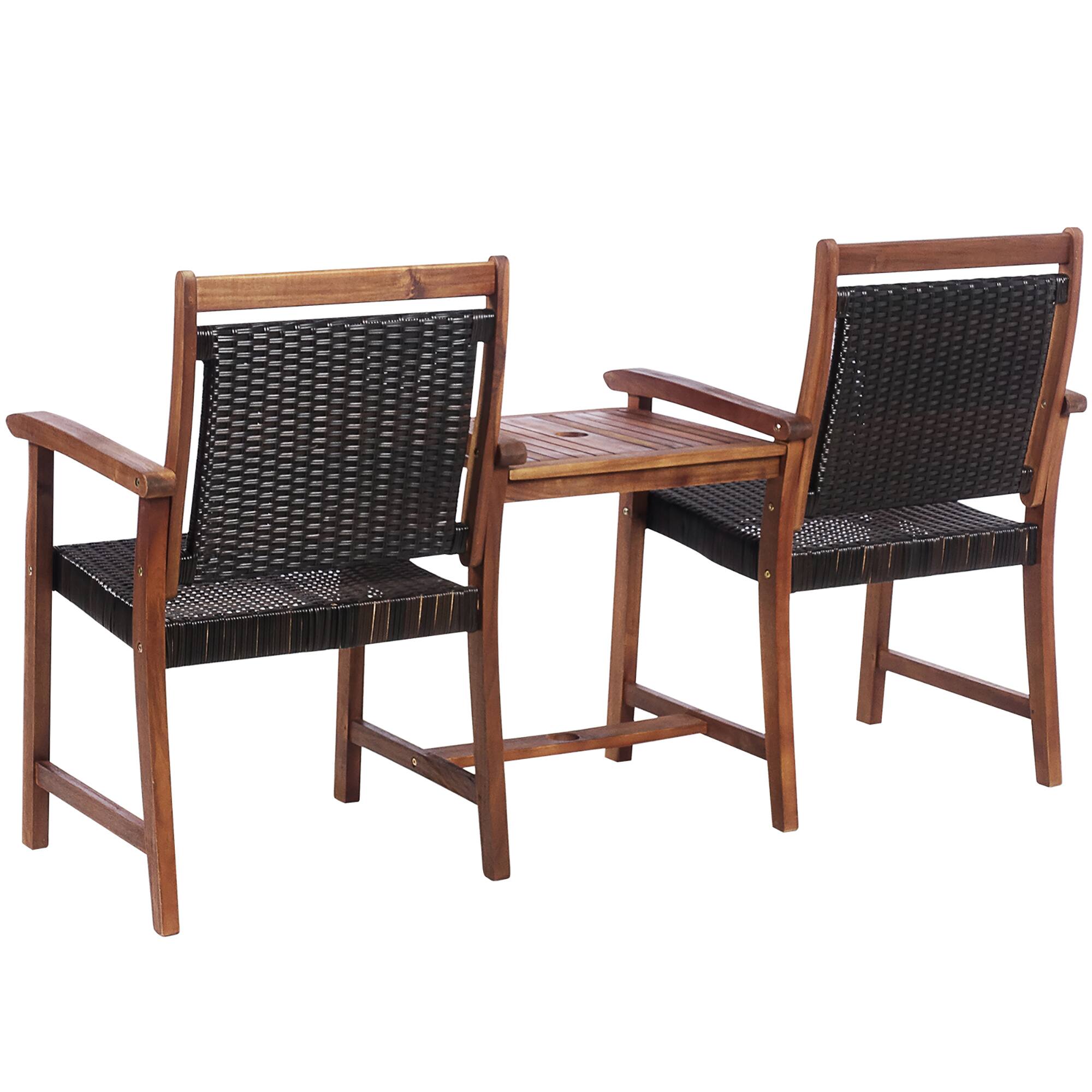 Alt View 9. Costway - Costway 2-Seat Patio Rattan Bench Acacia Wood Frame Table W/Umbrella Hole Deck - Reddish Brown.
