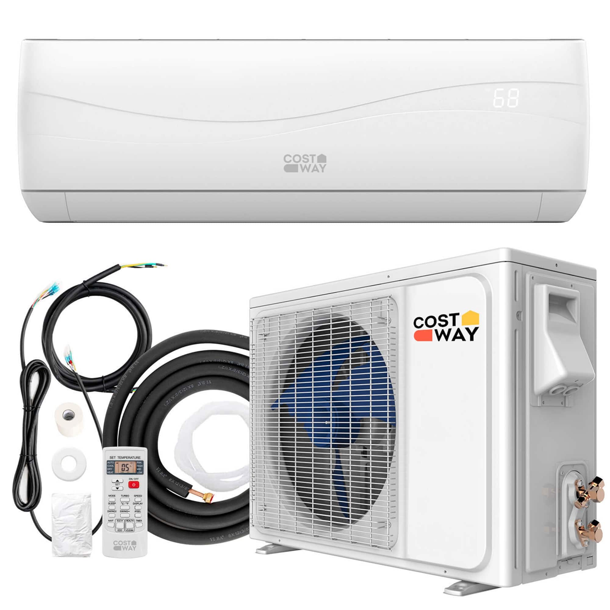 The image features a white air conditioner and a white heater, both made by Costa Way. The air conditioner is placed next to the heater, and they are both surrounded by various wires and cords. The air conditioner is also accompanied by a remote control.
