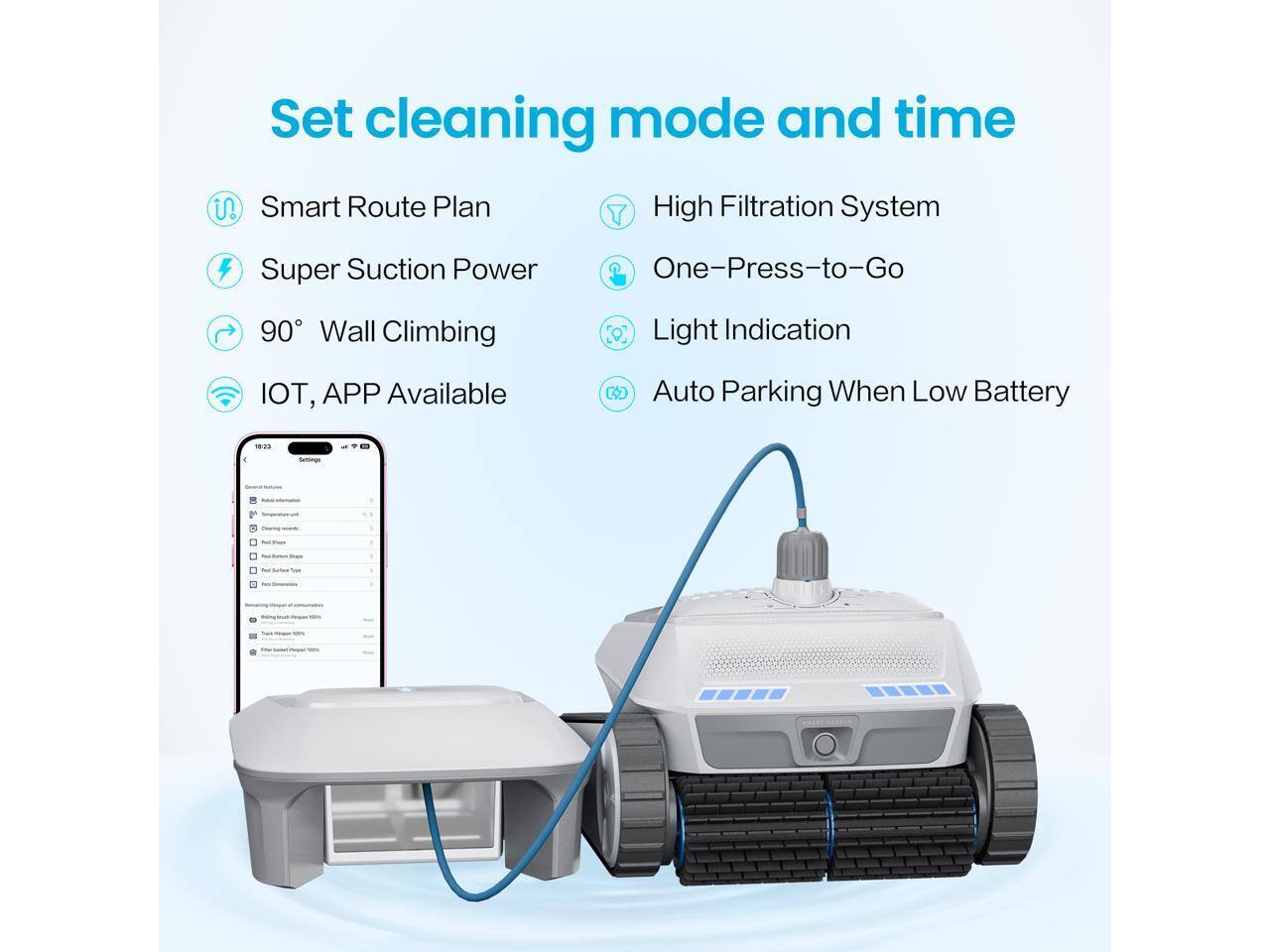 Set cleaning mode and time  
Smart Route Plan  
High Filtration System  
Super Suction Power  
One-Press-to-Go  
90° Wall Climbing  
Light Indication  
IOT, APP Available  
C2 Auto Parking When Low Battery