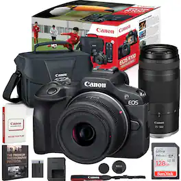 Bundle - Canon - EOS R100 Camera Double Zoom Lens Kit w/RF-S18-45/RF75-300mm + 128GB