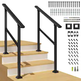 LOVMOR - 2 Pack 3 Step Hand Rails for Outdoor Steps Wrought Iron Railing - Black