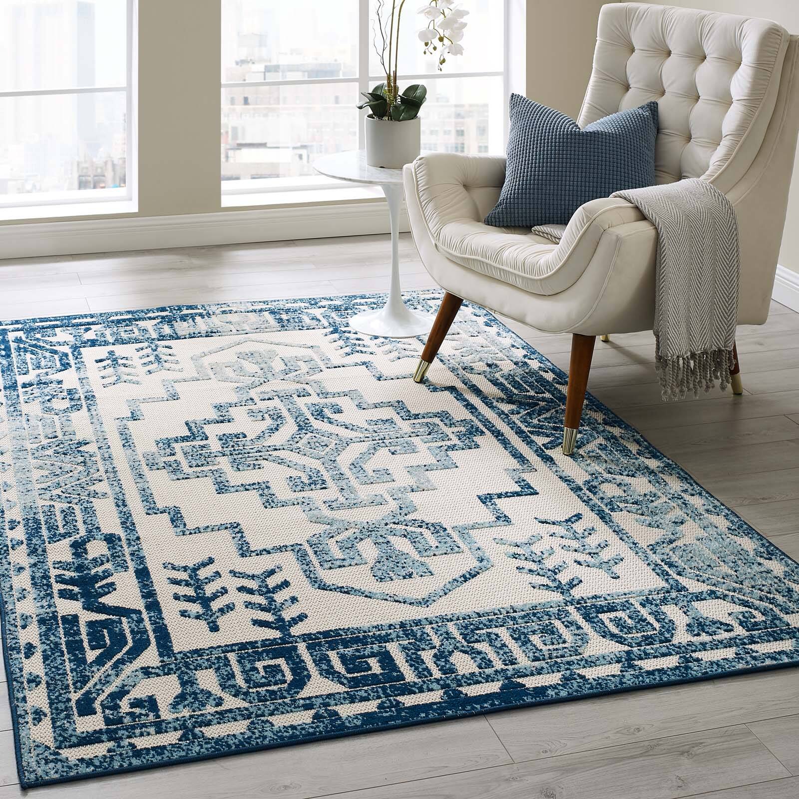 Back. Modway - Reflect Nyssa Distressed Geometric Southwestern Aztec Indoor/Outdoor Area Rug - Ivory and Blue.