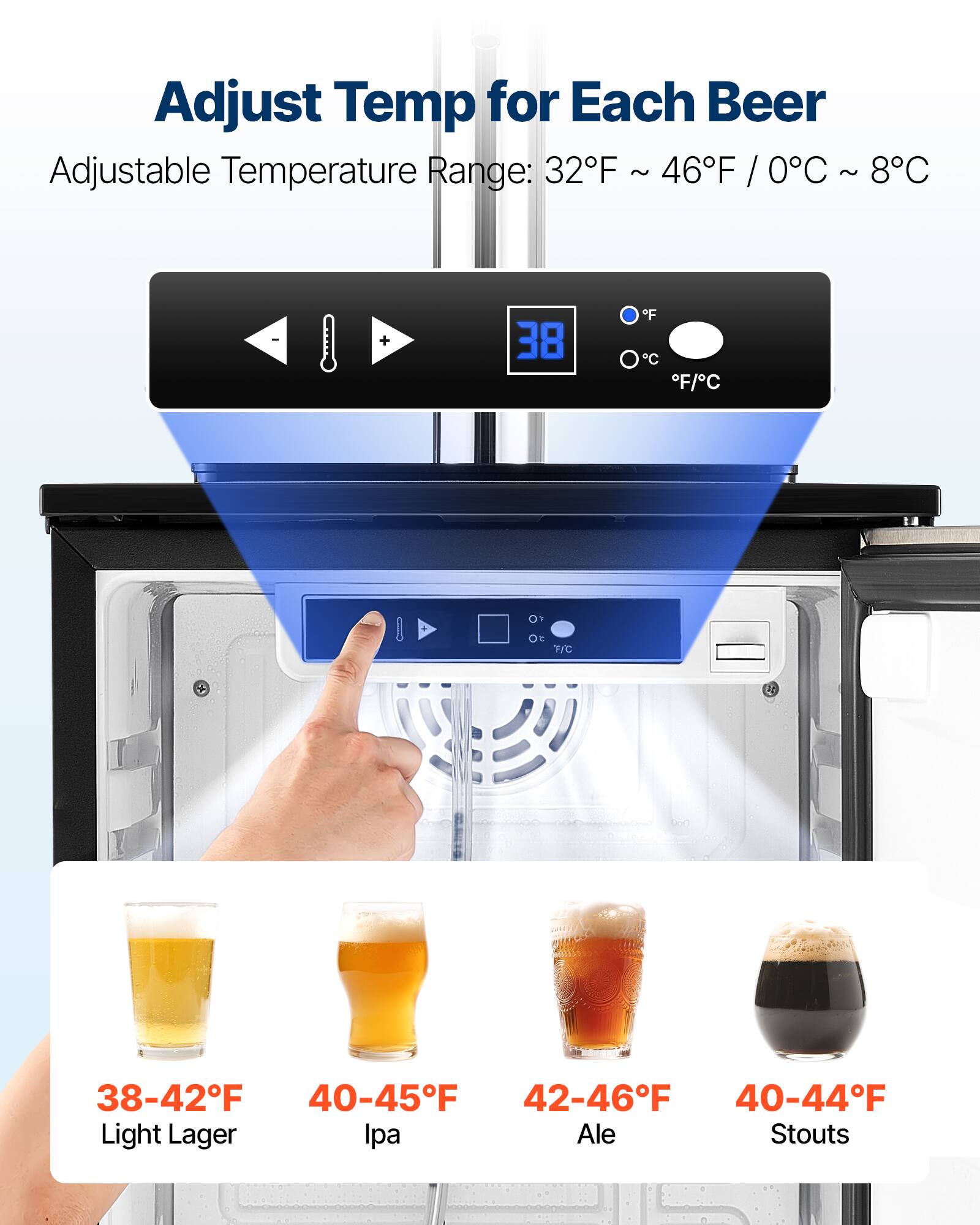 Adjust Temp for Each Beer

Adjustable Temperature Range: 32°F ~ 46°F / 0°C ~ 8°C

38-42°F  
Light Lager

40-45°F  
IPA

42-46°F  
Ale

40-44°F  
Stouts