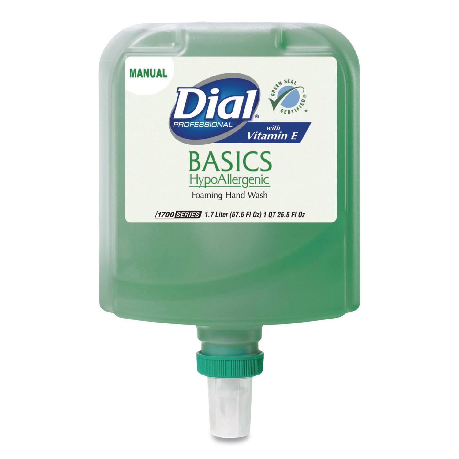 MANUAL  
Dial  
PROFESSIONAL  
BASICS  
HypoAllergenic  
Foaming Hand Wash  
with Vitamin E  
1700 SERIES  
1.7 Liter (57.5 FL Oz) 1 QT 25.5 FL Oz  
GREEN SEAL CERTIFIED