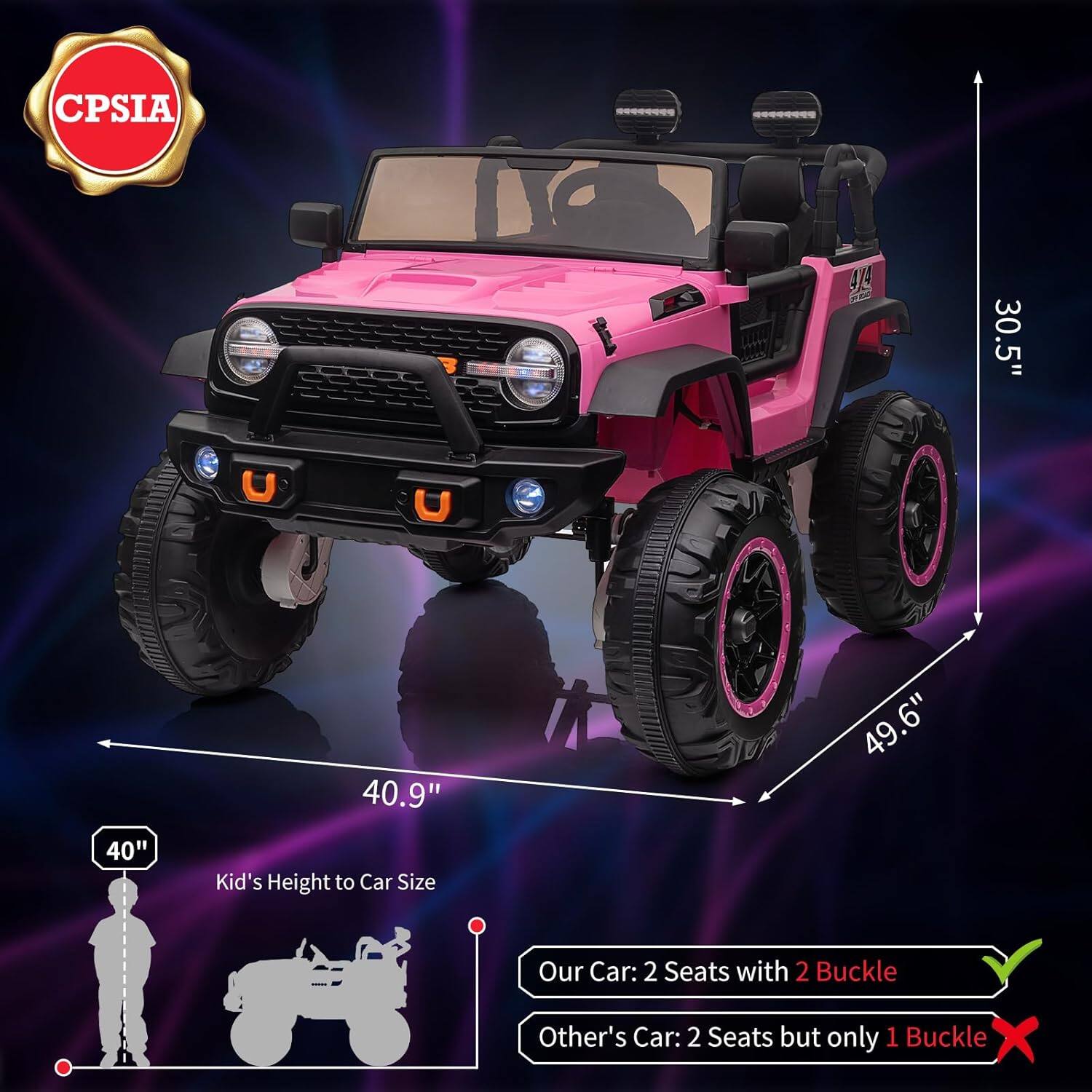 CPSIA

30.5"  
40.9"  
49.6"

Kid's Height to Car Size

Our Car: 2 Seats with 2 Buckle  
Other's Car: 2 Seats but only 1 Buckle