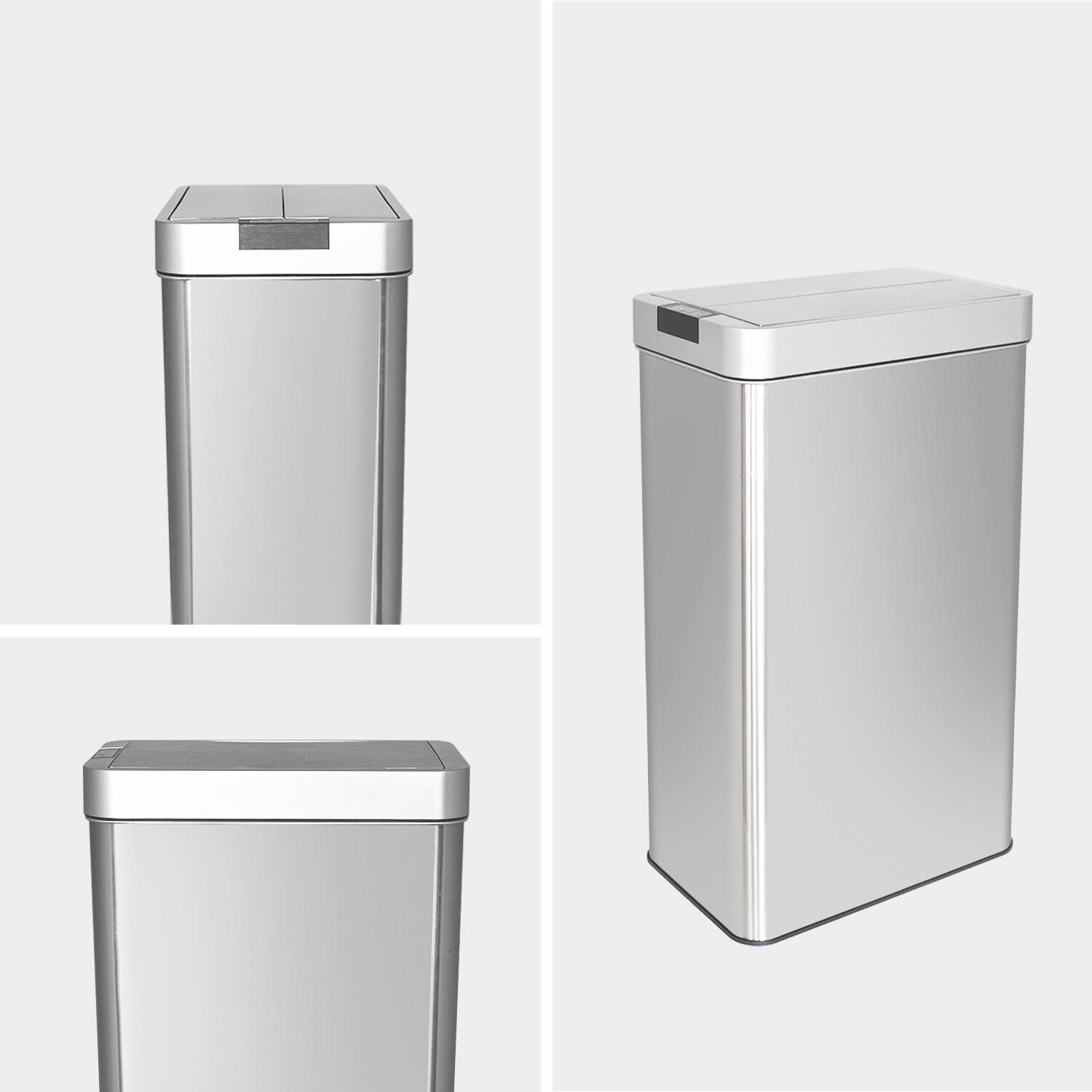 Left. Innovaze - 16 Gallon Stainless Steel Rectangular Slim Motion Sensor Trash Can with Butterfly Lid - Silver.
