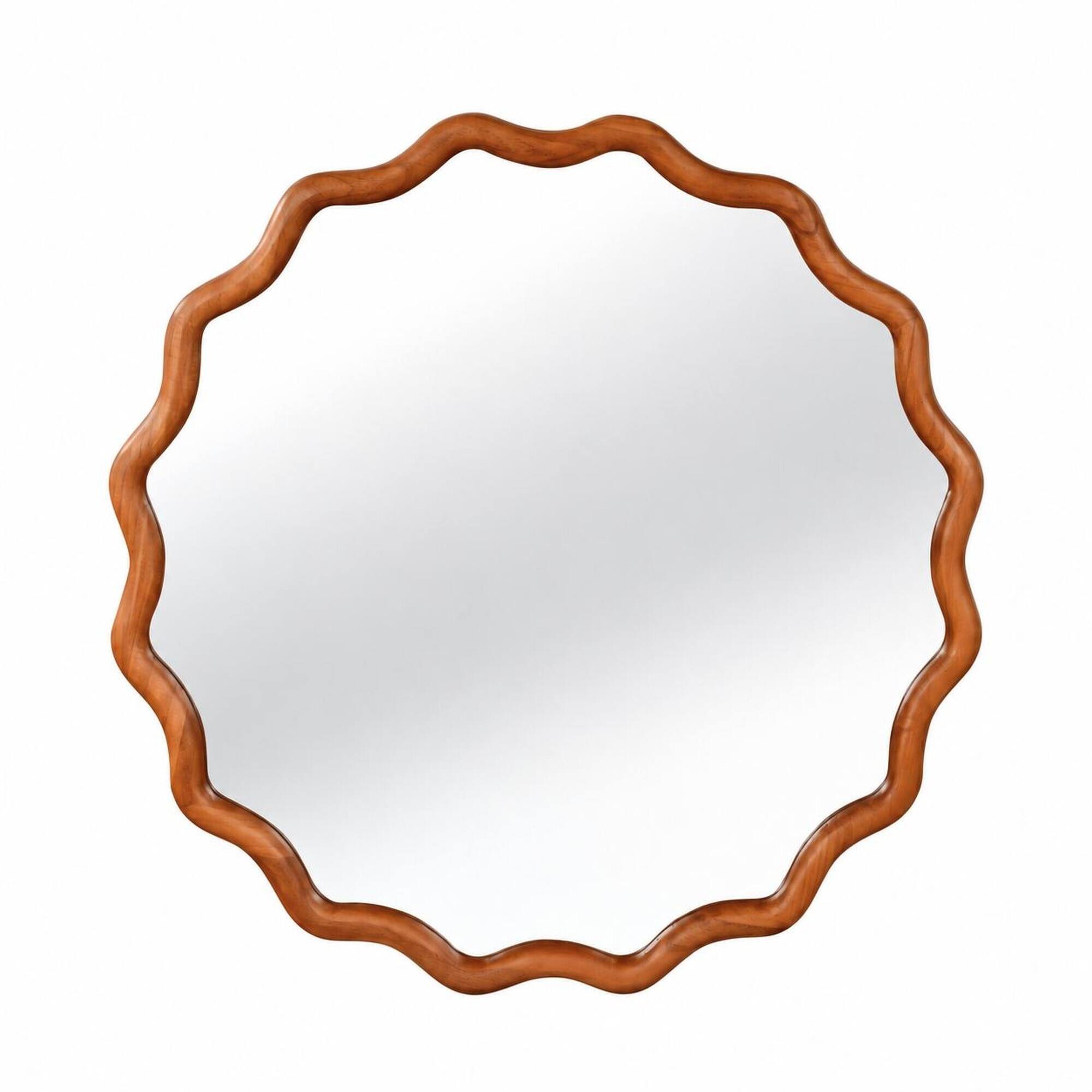 Front. RYHNUYNE - 30 in Wavy Round Wall Mirror, Solid Wood Frame, Yellowish Brown, Tempered Glass, Bedroom Bathroom Entryway.
