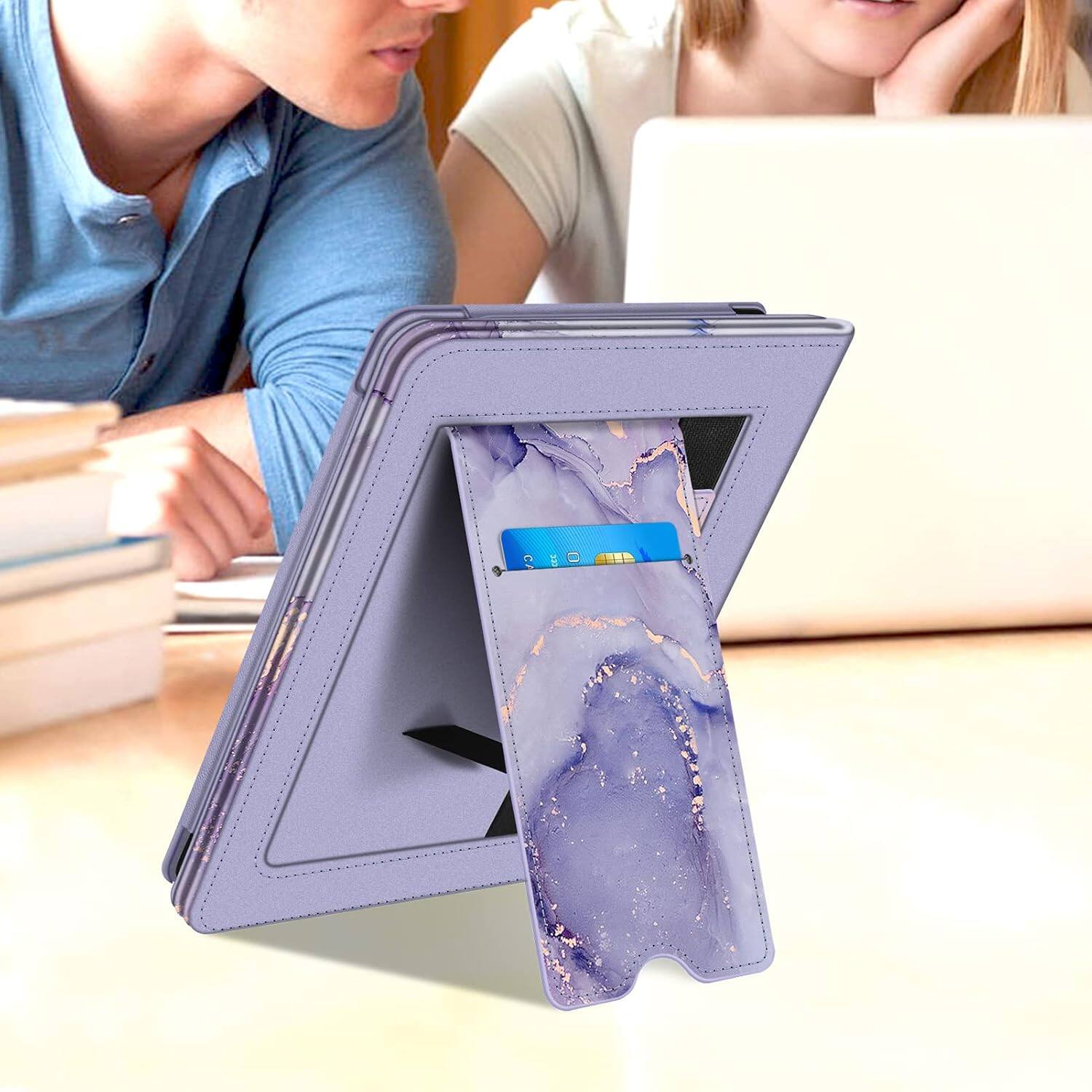 Alt View 4. Fintie - Stand Case for 6" Kindle Paperwhite (10th Generation, 2018) Foldable Kickstand PU Leather Cover with Hand Strap - Lilac Marble.