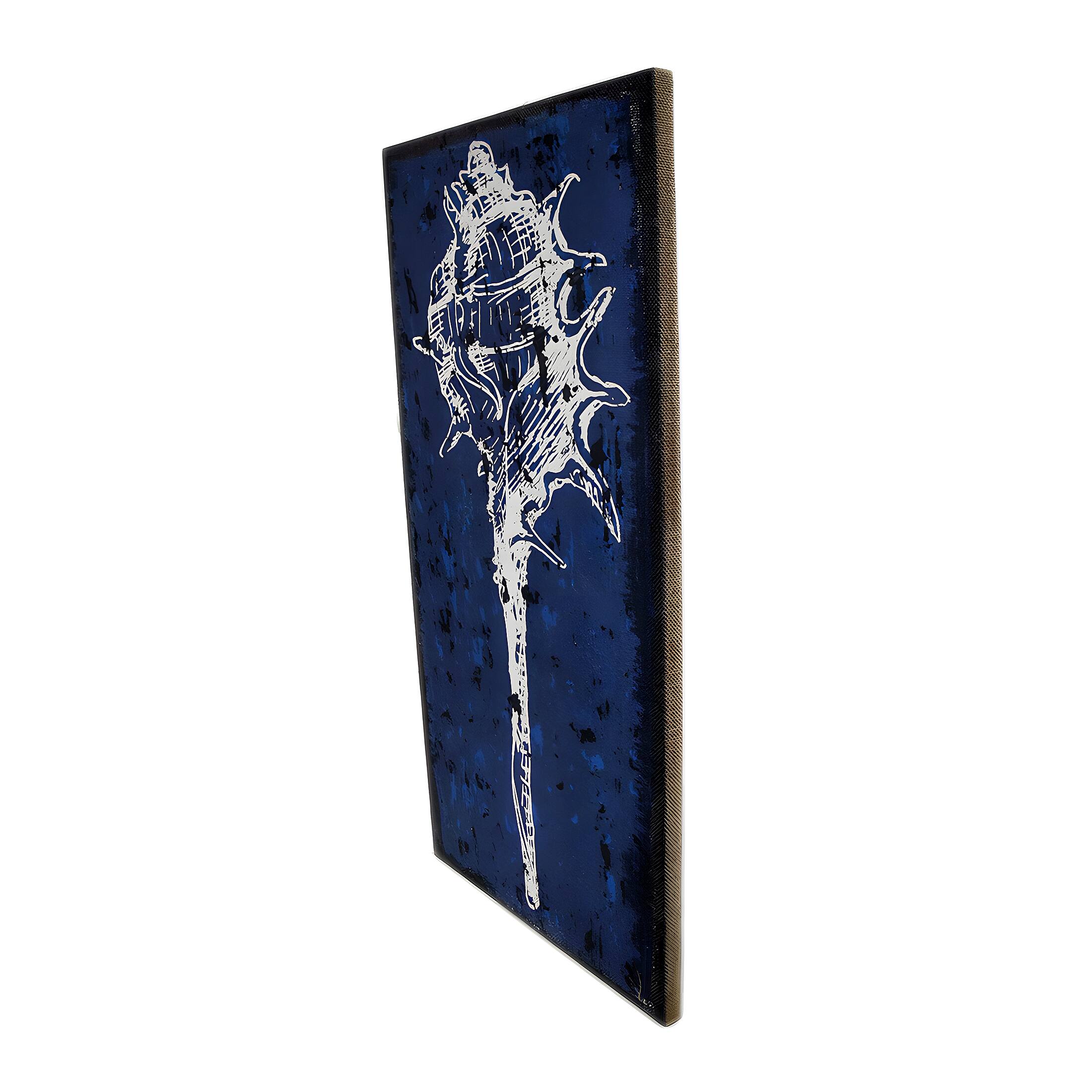 Alt View 1. Zeckos - Shell Art Blue and White Murex Shell Burlap Canvas Wall Hanging - Blue.
