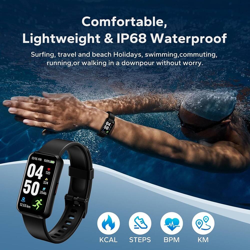 Comfortable, Lightweight & IP68 Waterproof  
Surfing, travel and beach Holidays, swimming, commuting, running, or walking in a downpour without worry.  

04 50 12/15 FRI 100% 04 120 324 50 2546 I & 12.53 km KCAL STEPS BPM KM