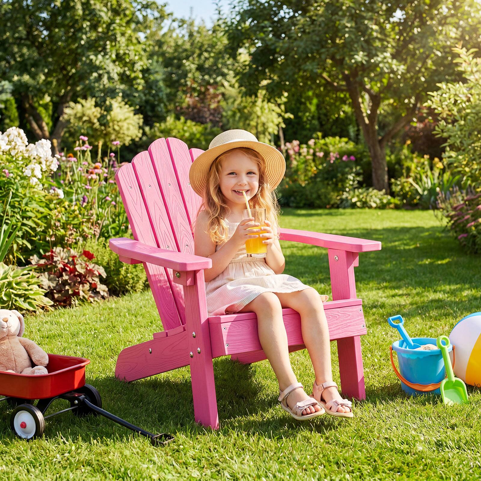 Alt View 5. Costway - Costway Kids Adirondack Chair, All-weather Outdoor Chair for Kids with Tilted High Backrest - Pink.