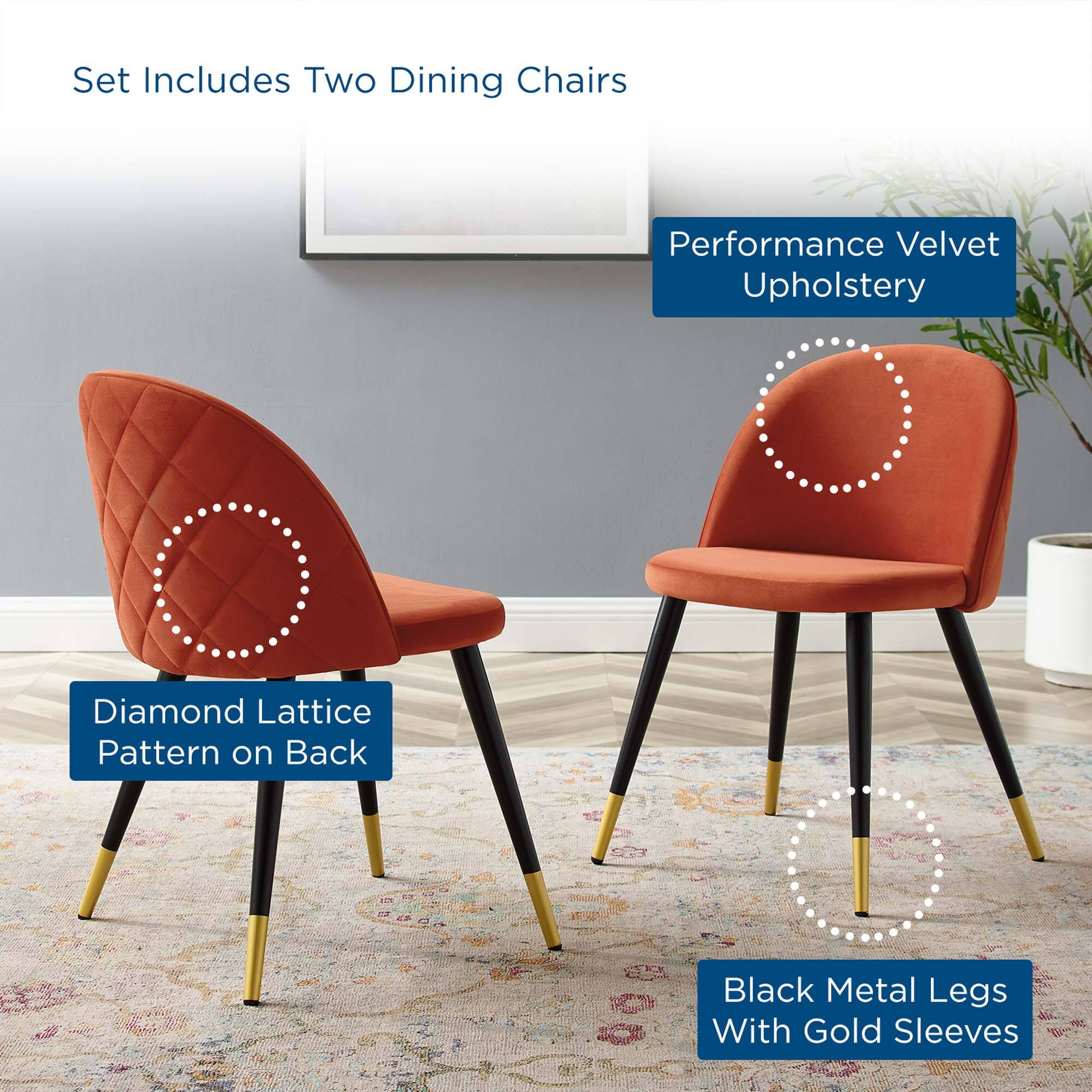 Set Includes Two Dining Chairs

Performance Velvet Upholstery

Diamond Lattice Pattern on Back

Black Metal Legs With Gold Sleeves
